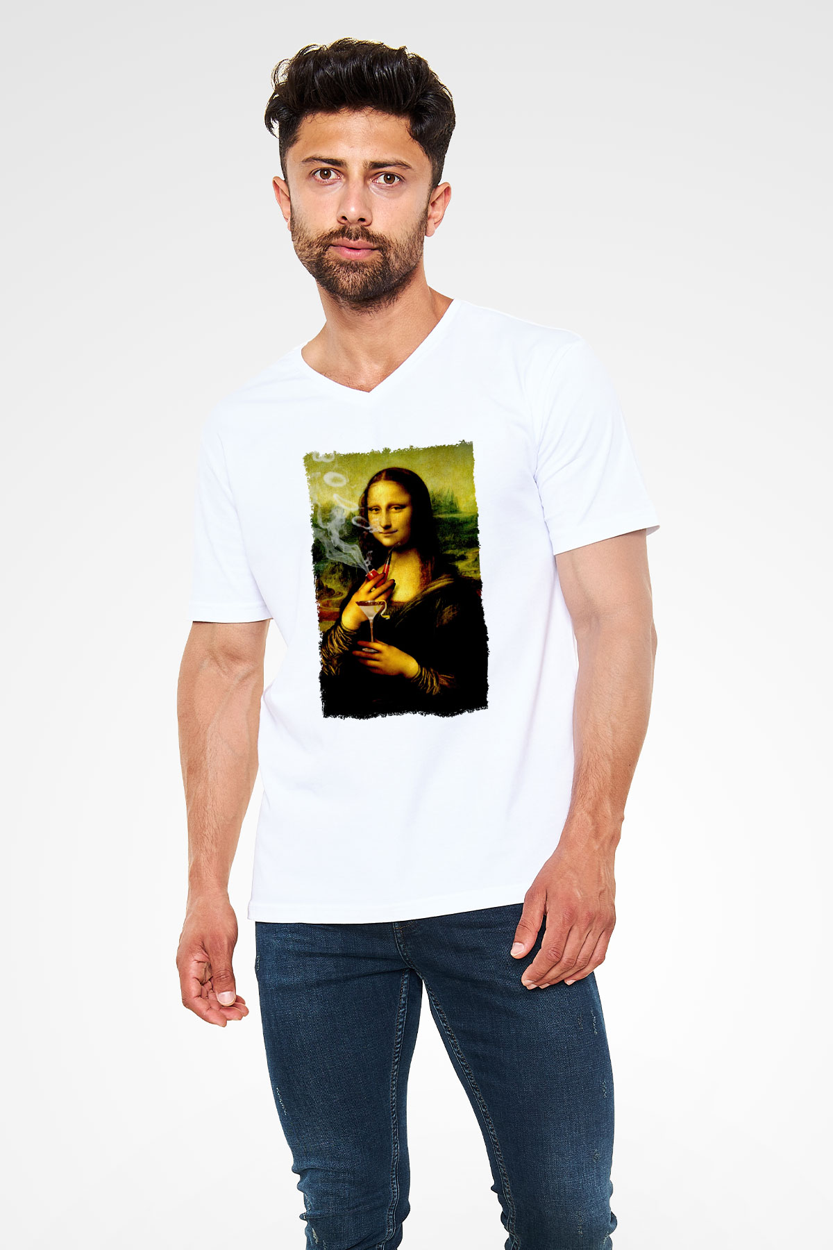 Mona Lisa Beyaz Unisex V Yaka Tişört