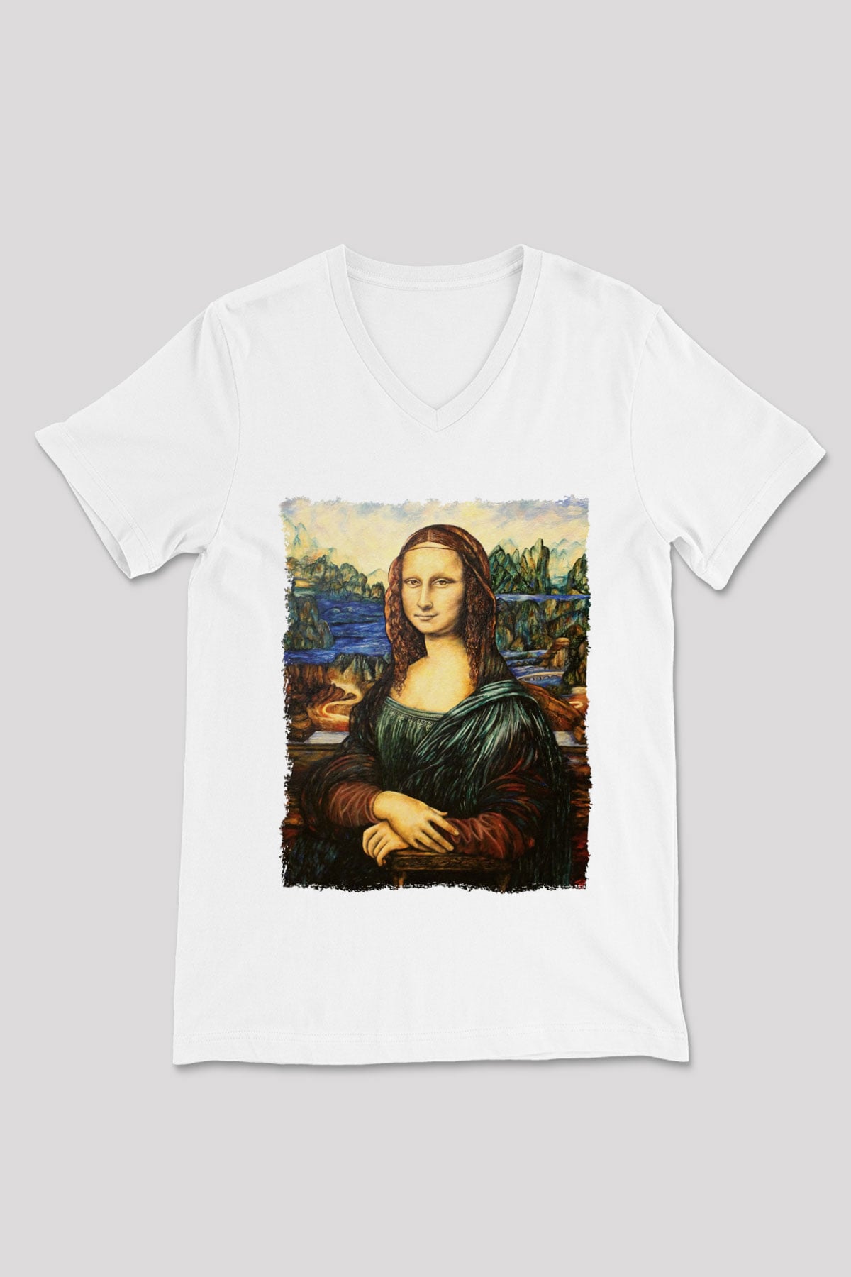 Mona Lisa Beyaz Unisex V Yaka Tişört