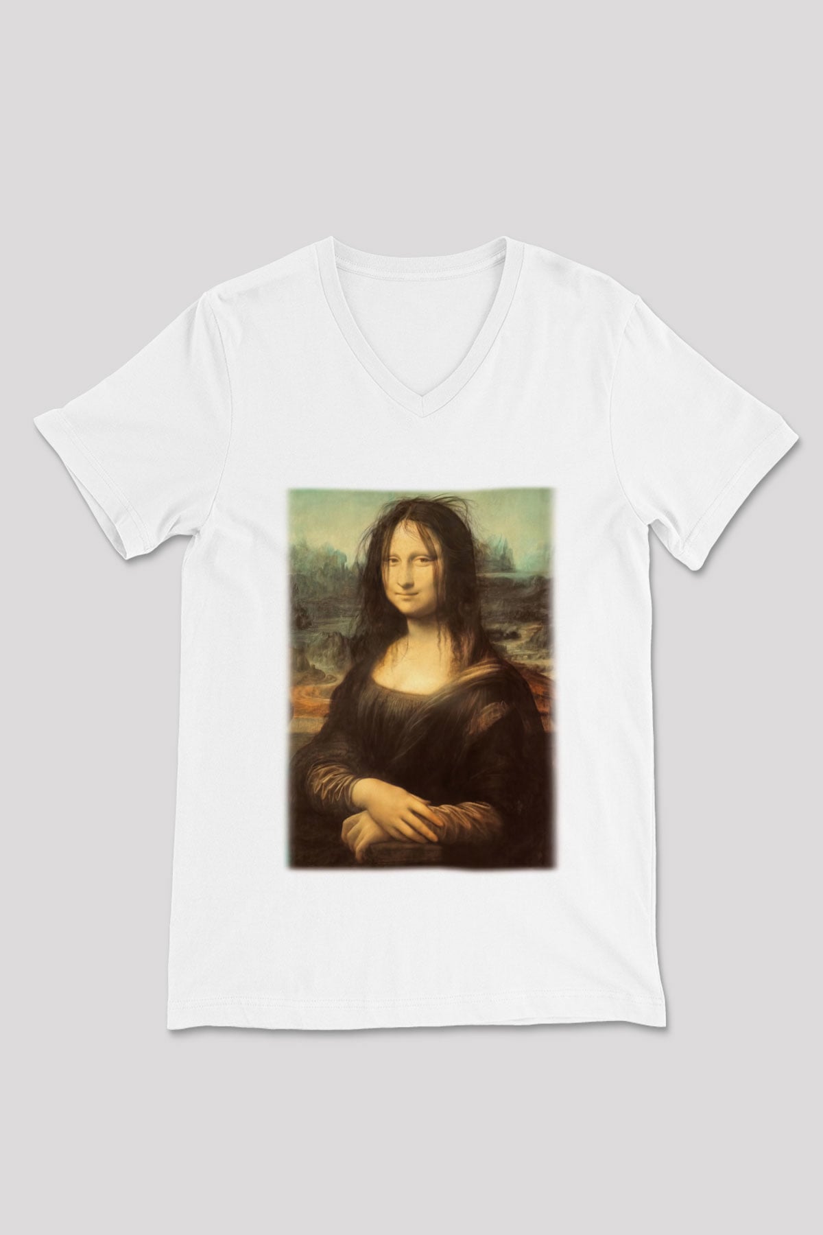 Mona Lisa Beyaz Unisex V Yaka Tişört T-Shirt