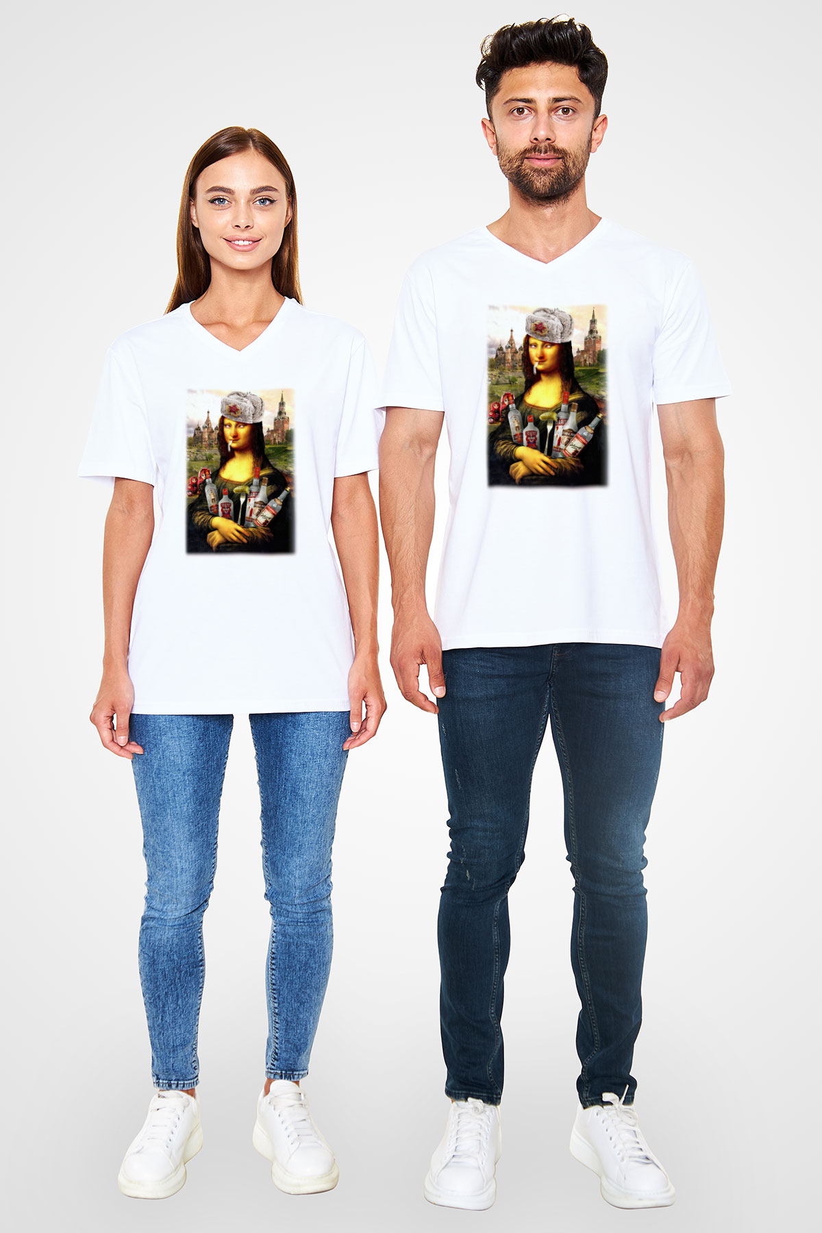 Mona Lisa Beyaz Unisex V Yaka Tişört T-Shirt