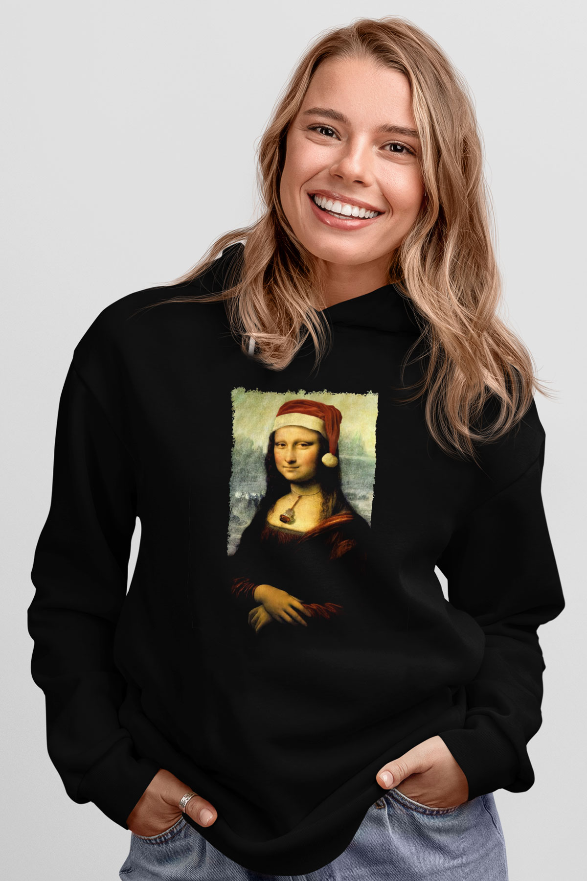 Mona Lisa Siyah Unisex Kapüşonlu Sweatshirt
