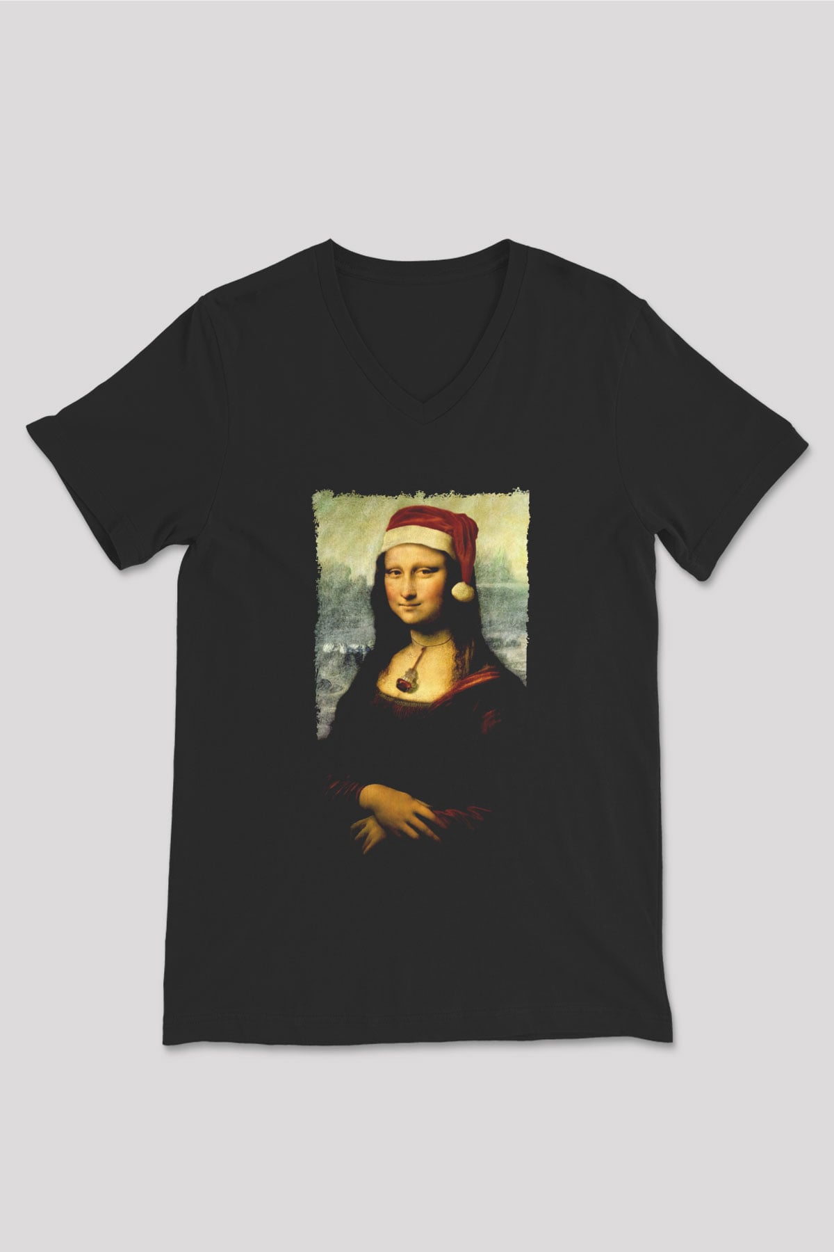 Mona Lisa Siyah Unisex V Yaka Tişört