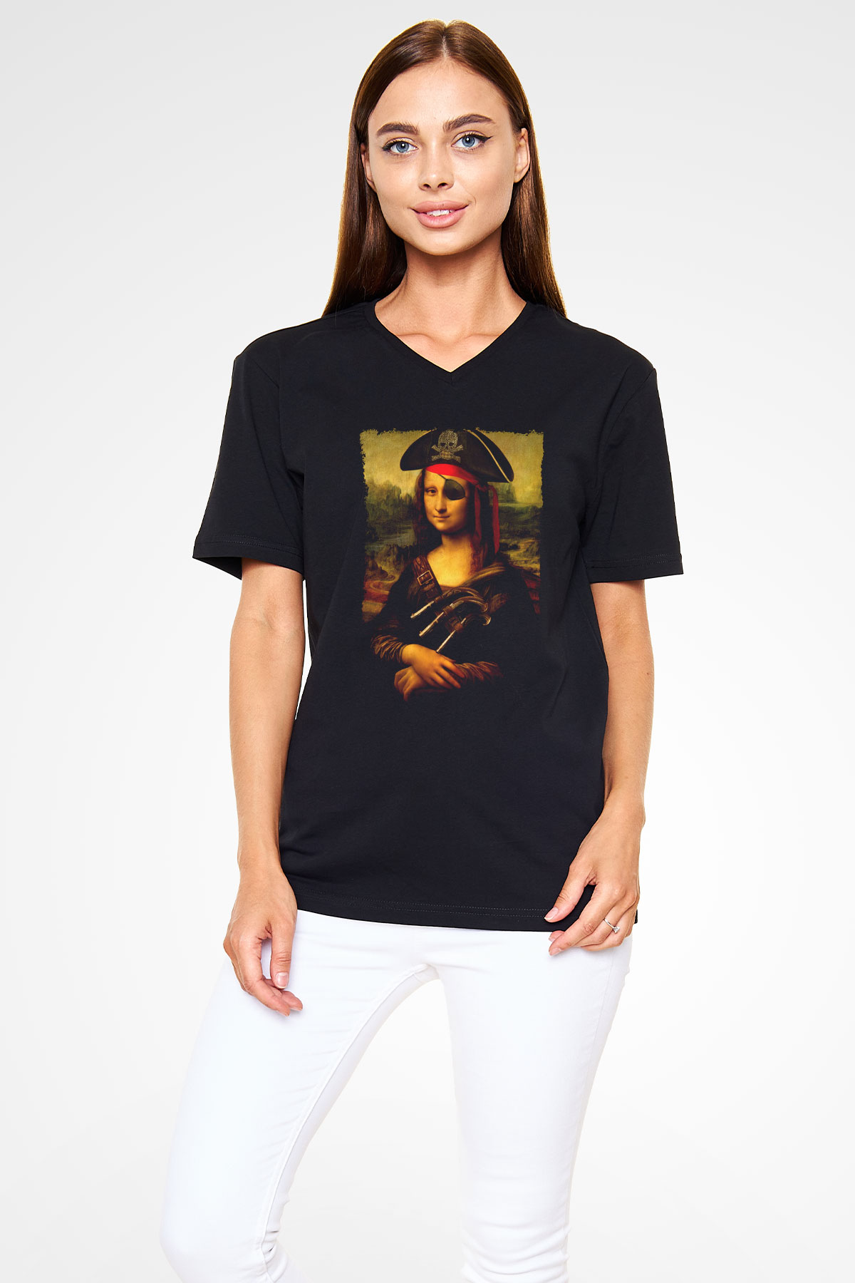 Mona Lisa Siyah Unisex V Yaka Tişört