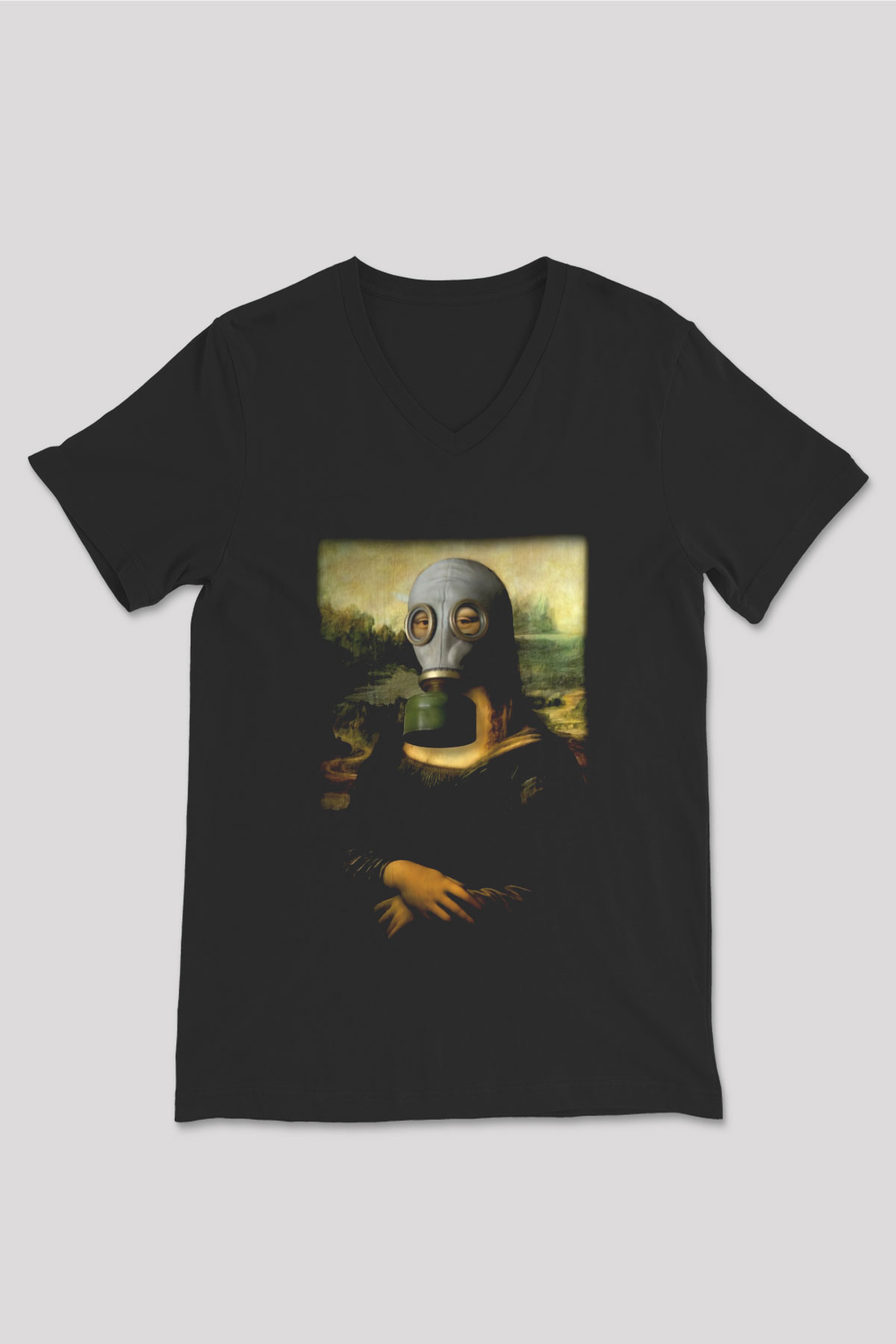 Mona Lisa Siyah Unisex V Yaka Tişört T-Shirt