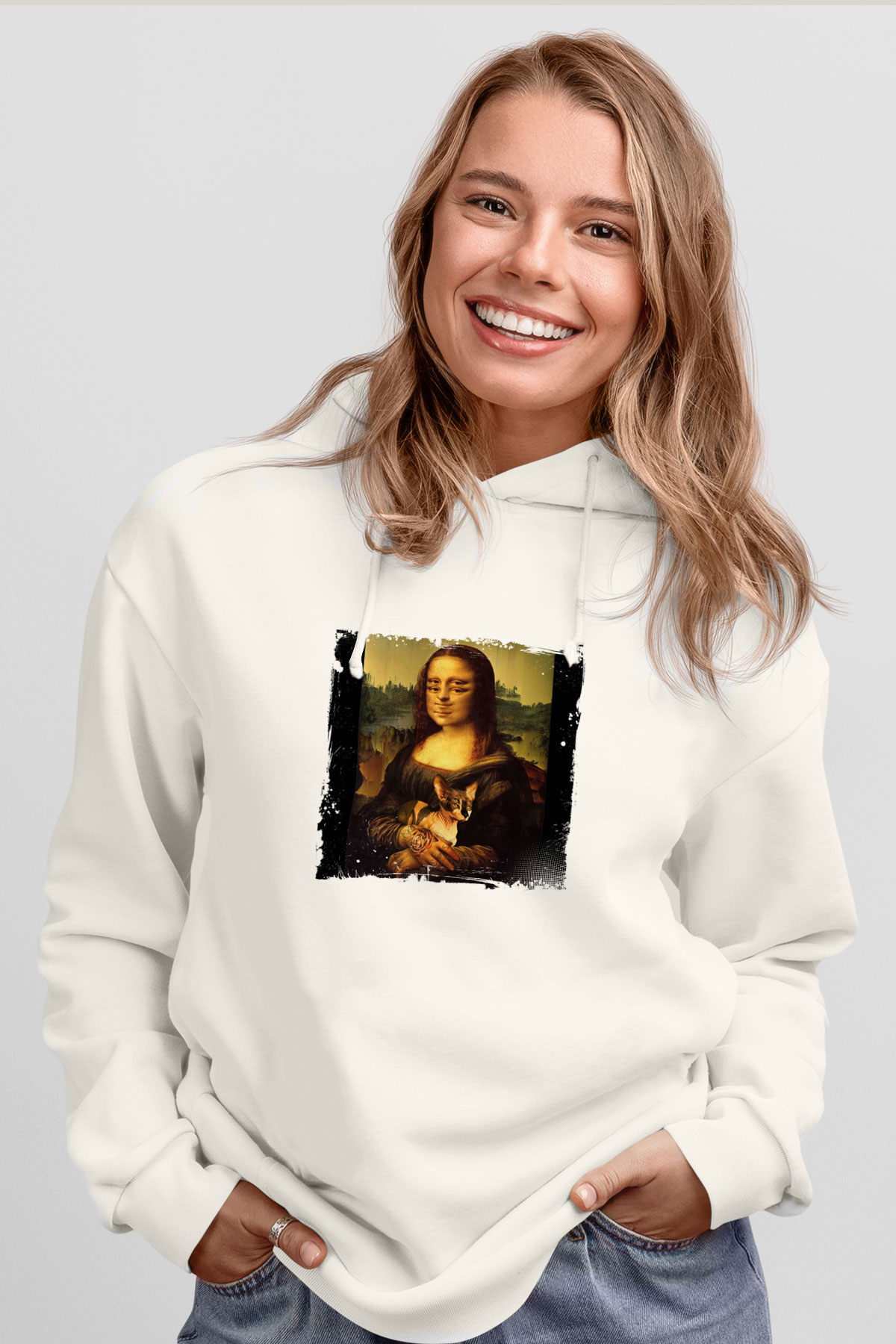 Mona Lisa Unisex Baskılı Beyaz Kapüşonlu Sweatshirt