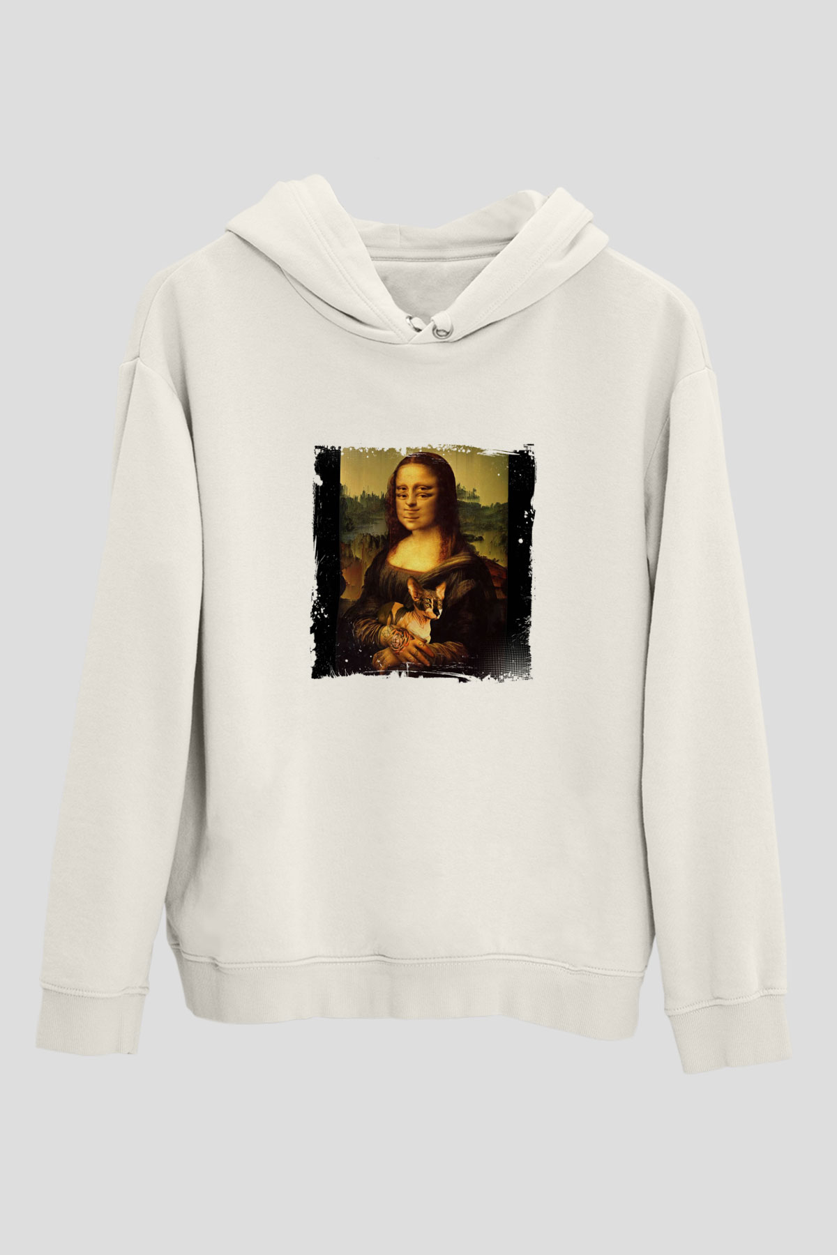 Mona Lisa Unisex Baskılı Beyaz Kapüşonlu Sweatshirt