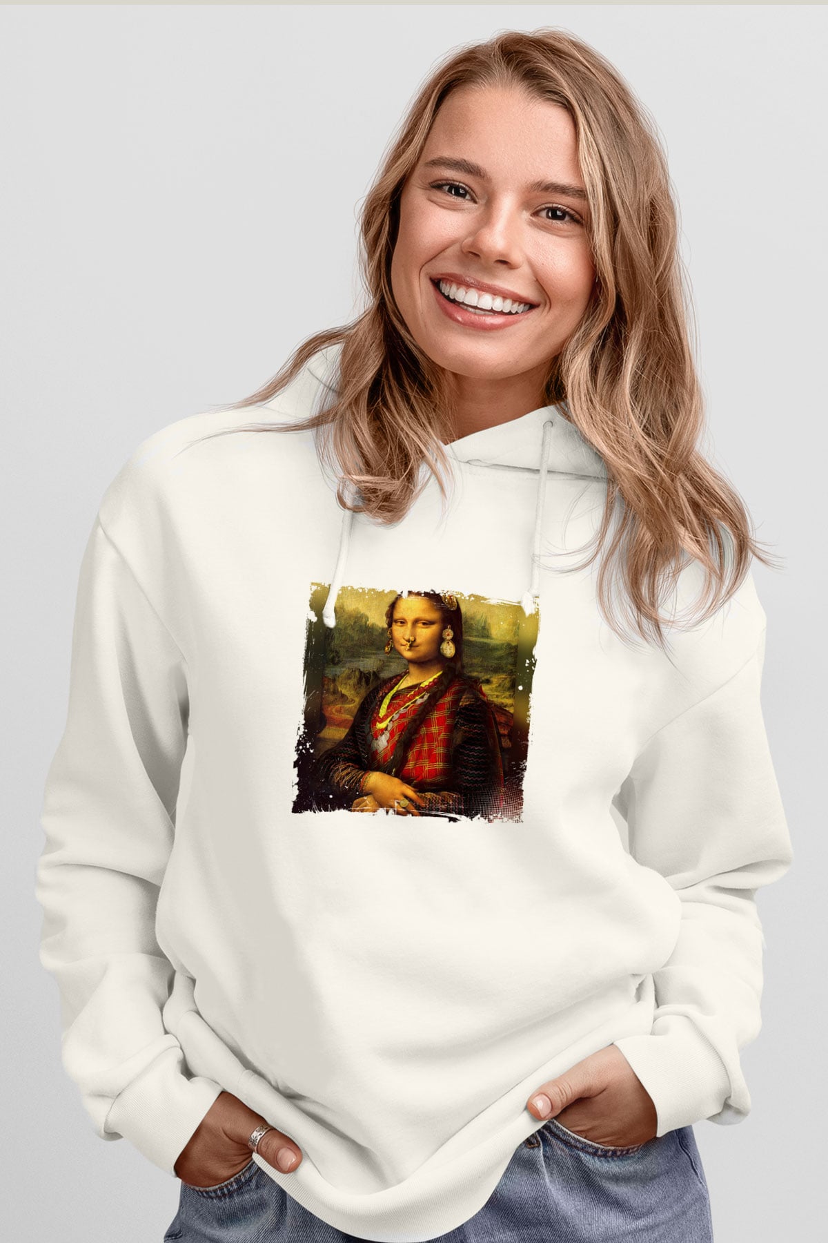 Mona Lisa Unisex Baskılı Beyaz Kapüşonlu Sweatshirt