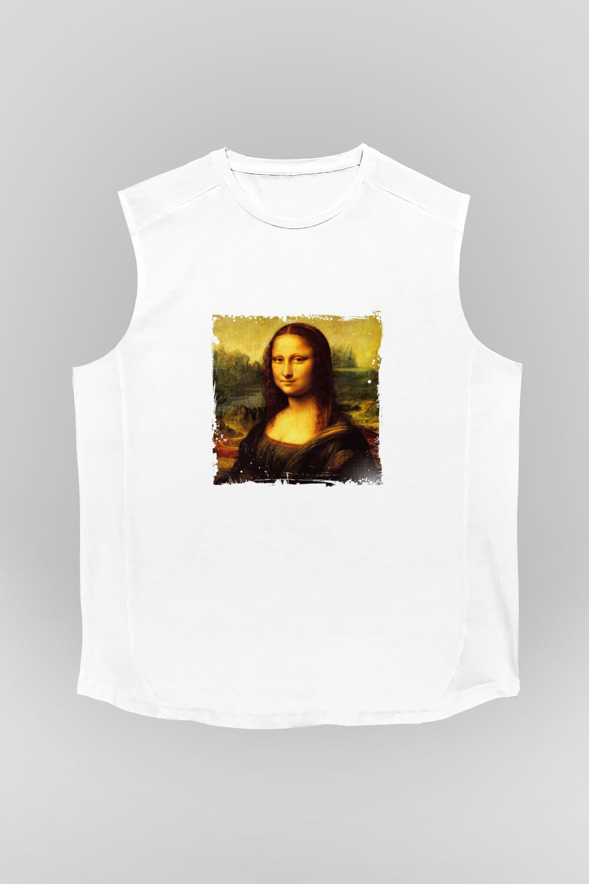 Mona Lisa Unisex Baskılı Beyaz Kolsuz Tişört
