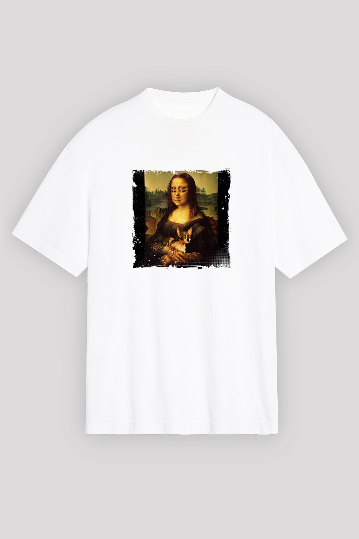 Mona Lisa Oversize Baskılı Beyaz Tişört