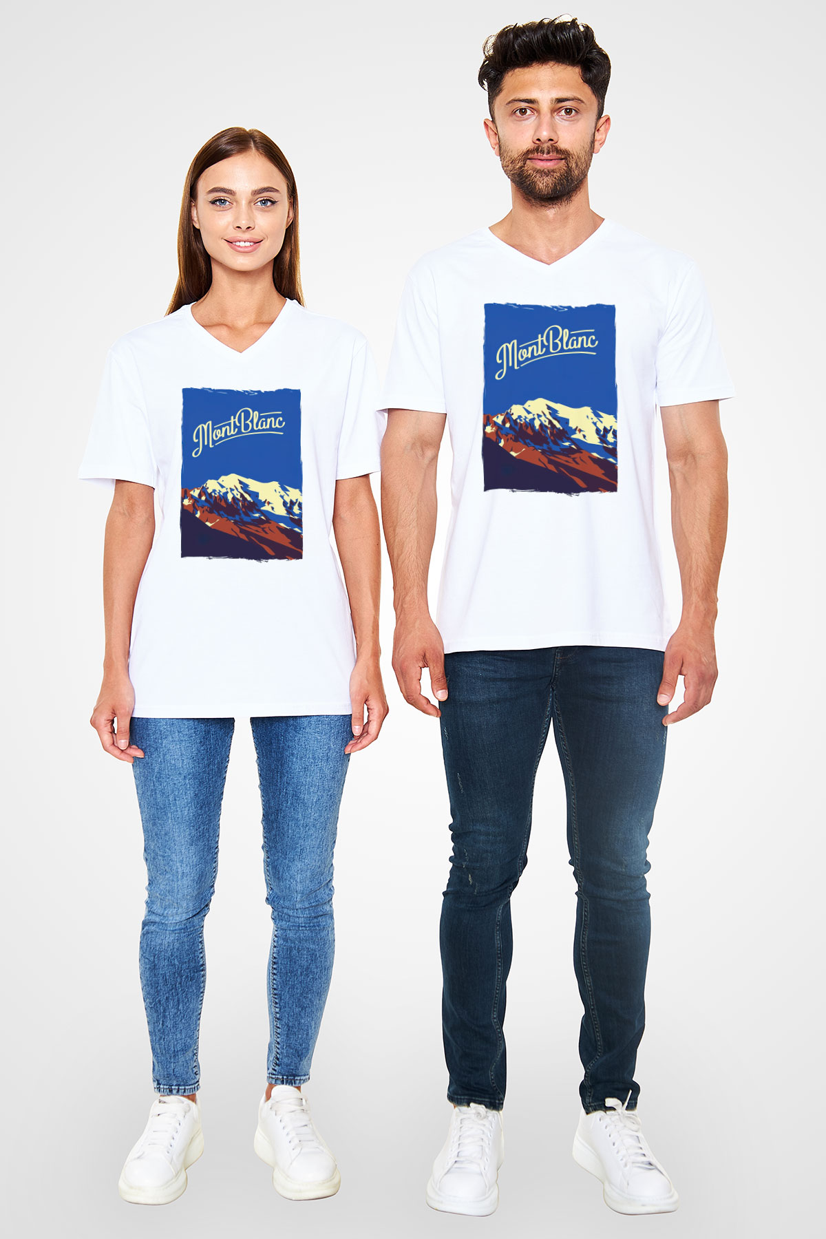 Mont Blanc Beyaz Unisex V Yaka Tişört