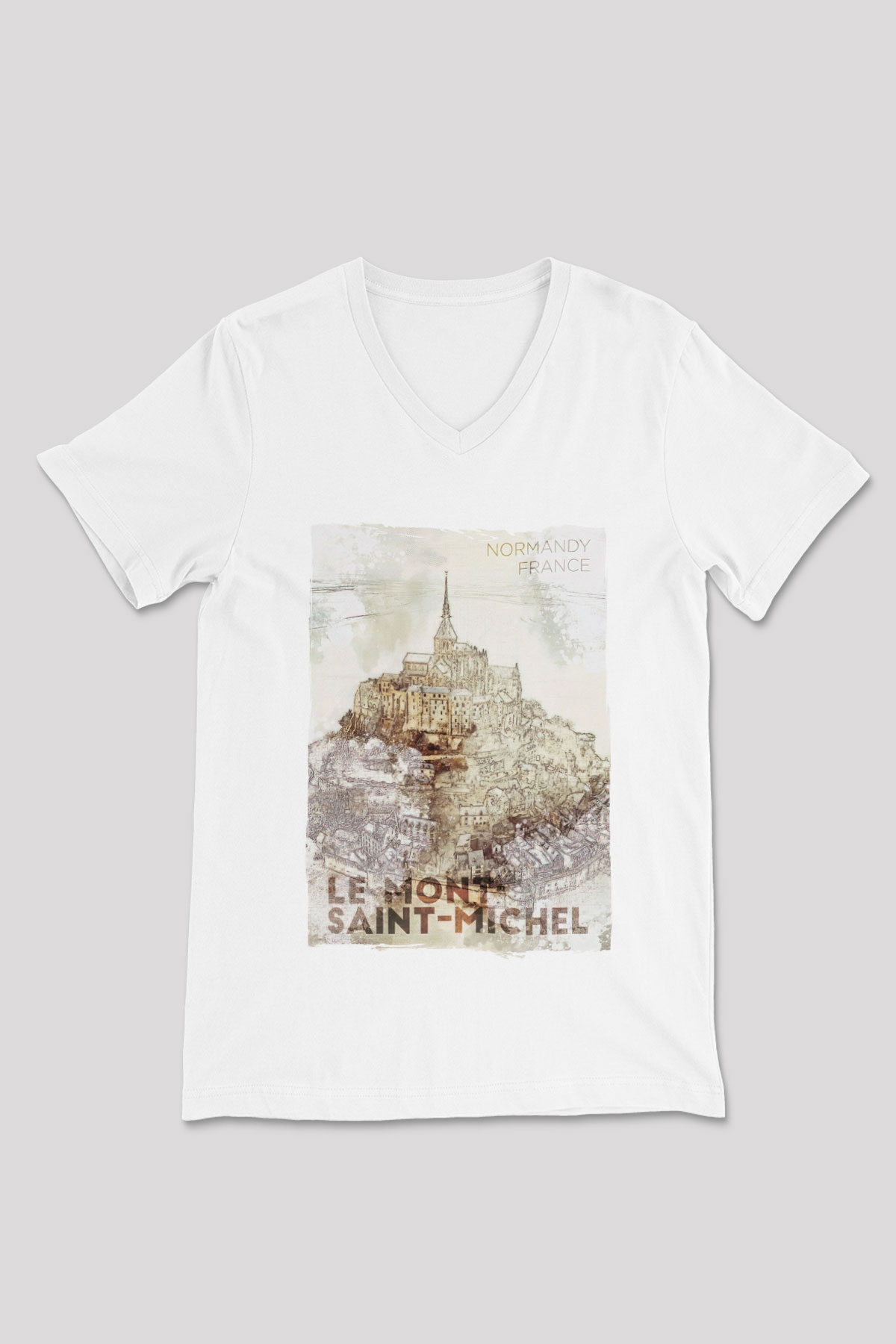 Mont Saint-Michel Beyaz Unisex V Yaka Tişört