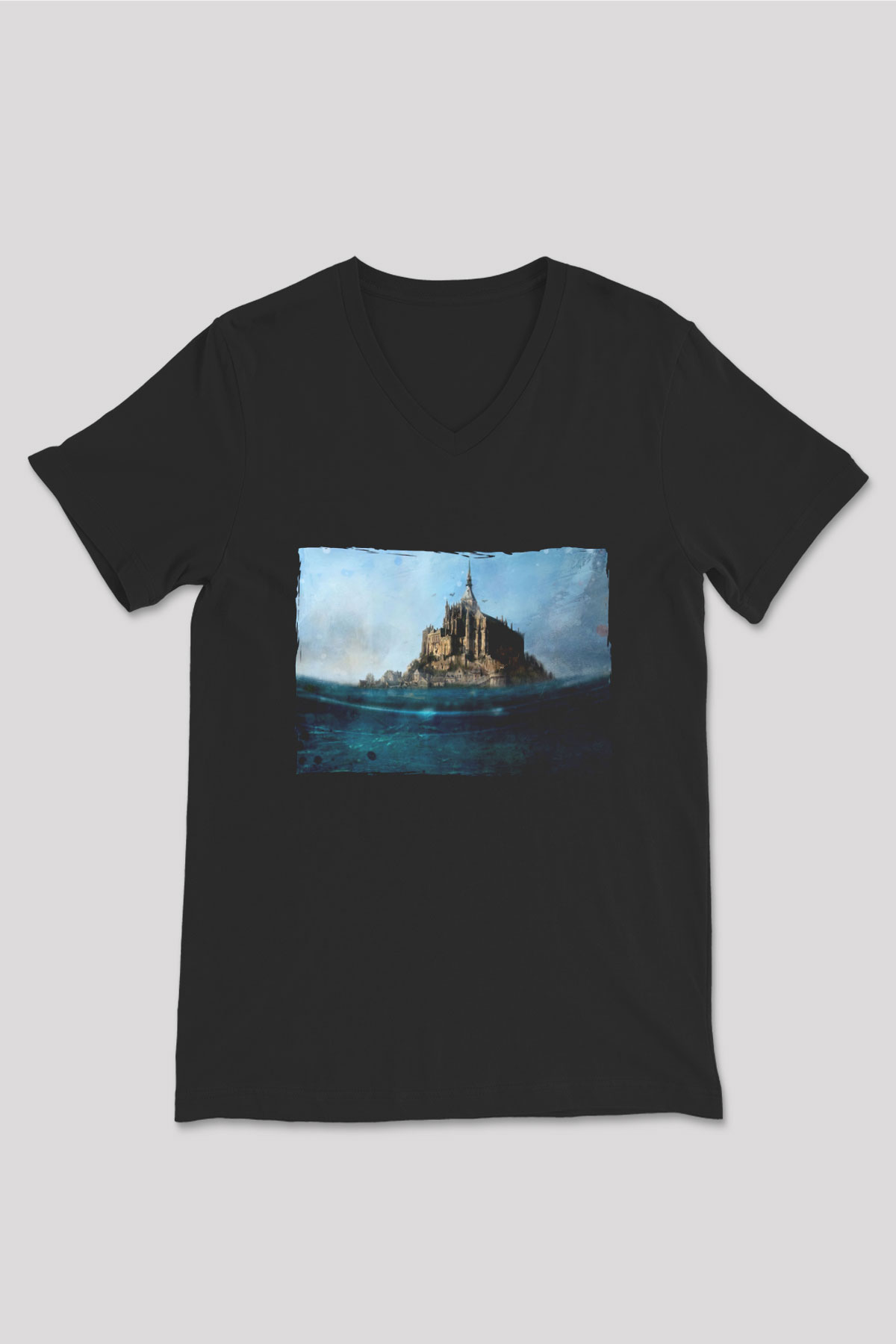 Mont Saint-Michel Siyah Unisex V Yaka Tişört