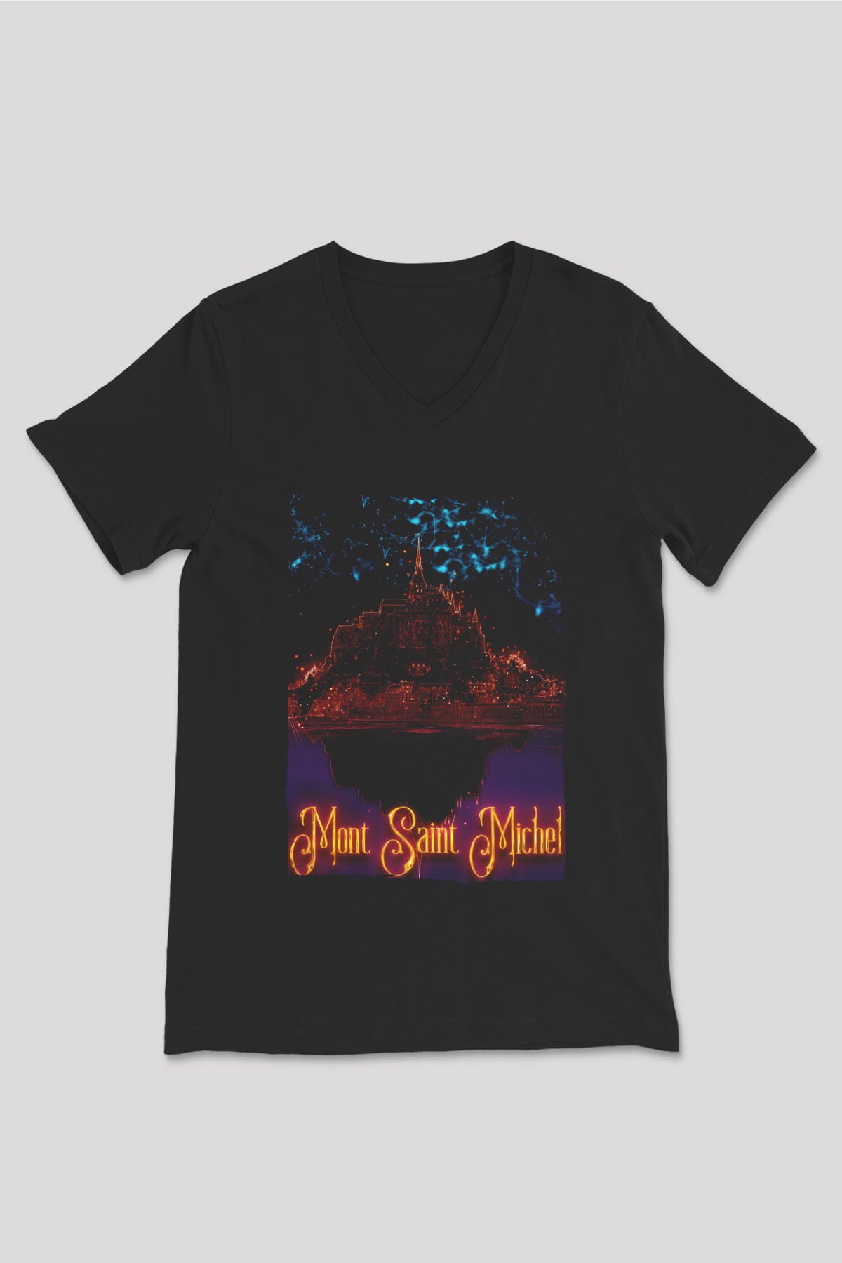 Mont Saint-Michel Siyah Unisex V Yaka Tişört