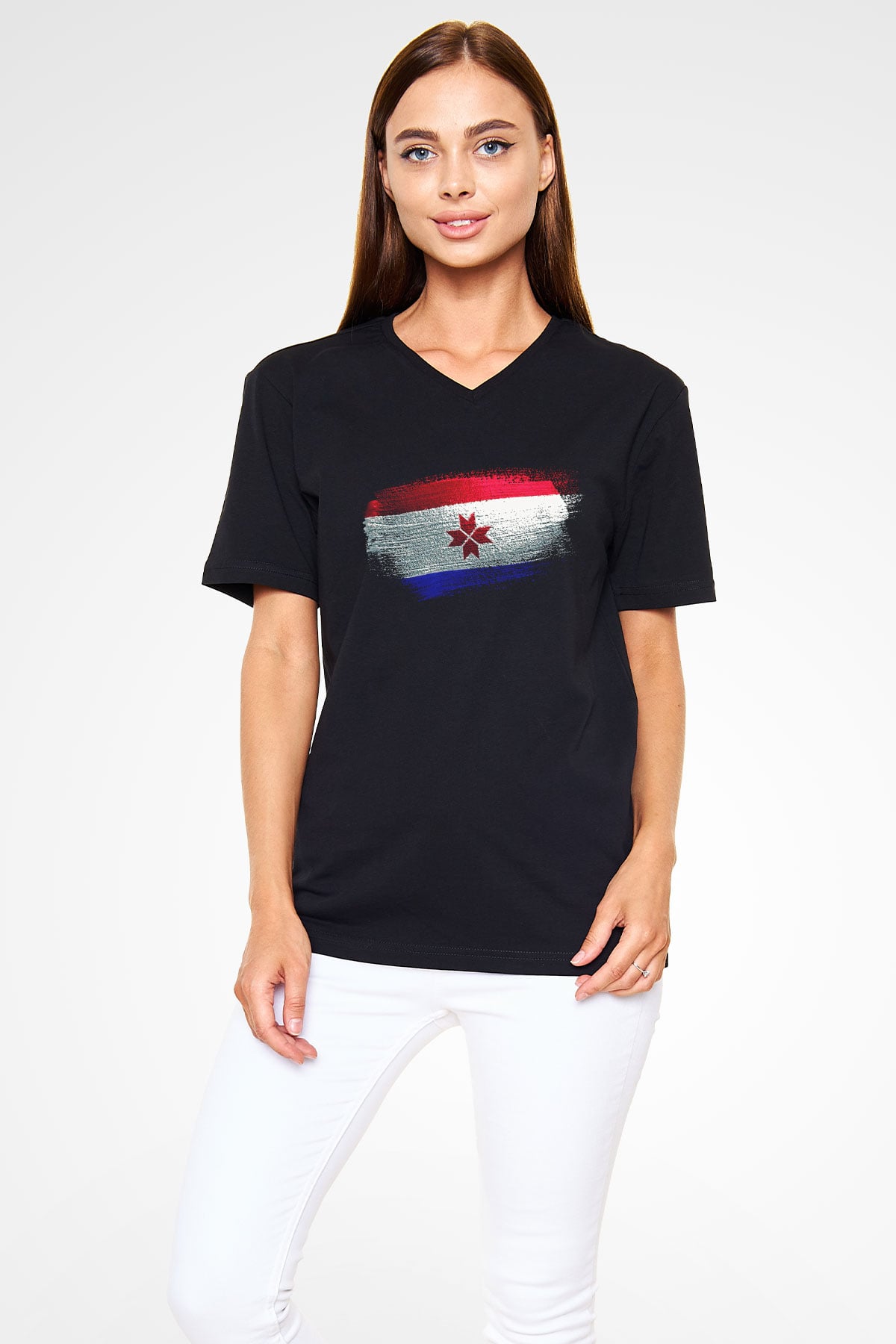 Mordovya - Mordovia Bayrağı Baskılı Unisex Siyah V Yaka Tişört