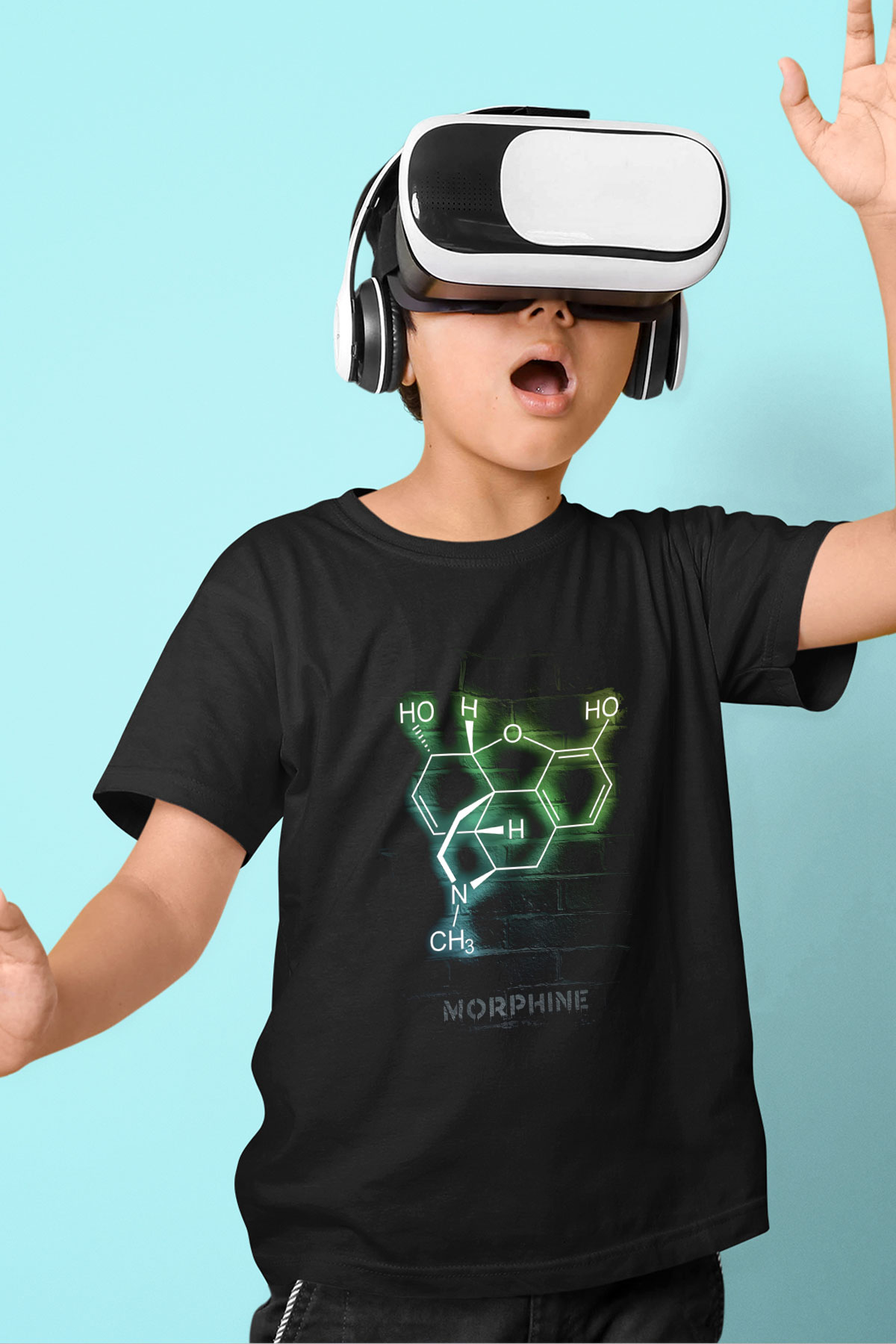 Morfin Molekülü Neon Baskılı Unisex Siyah Çocuk Tişörtü - Tshirt