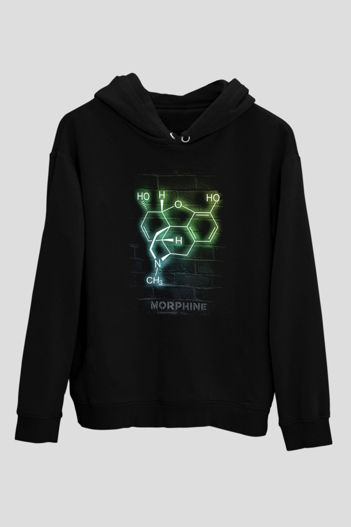 Morfin Molekülü Neon Baskılı Unisex Siyah Kapüşonlu Sweatshirt