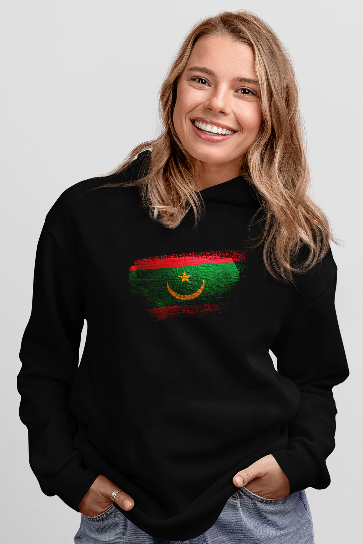 Moritanya - Mauritania Bayrağı Baskılı Unisex Siyah Kapüşonlu Sweatshirt
