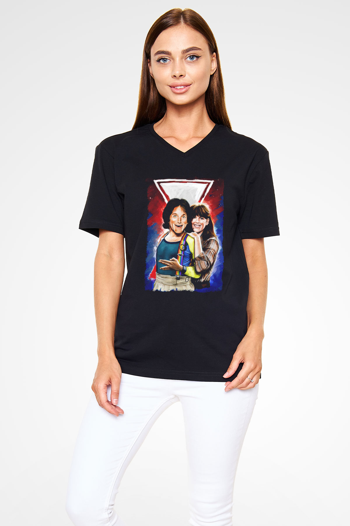 Mork and Mindy Siyah Unisex  V Yaka Tişört