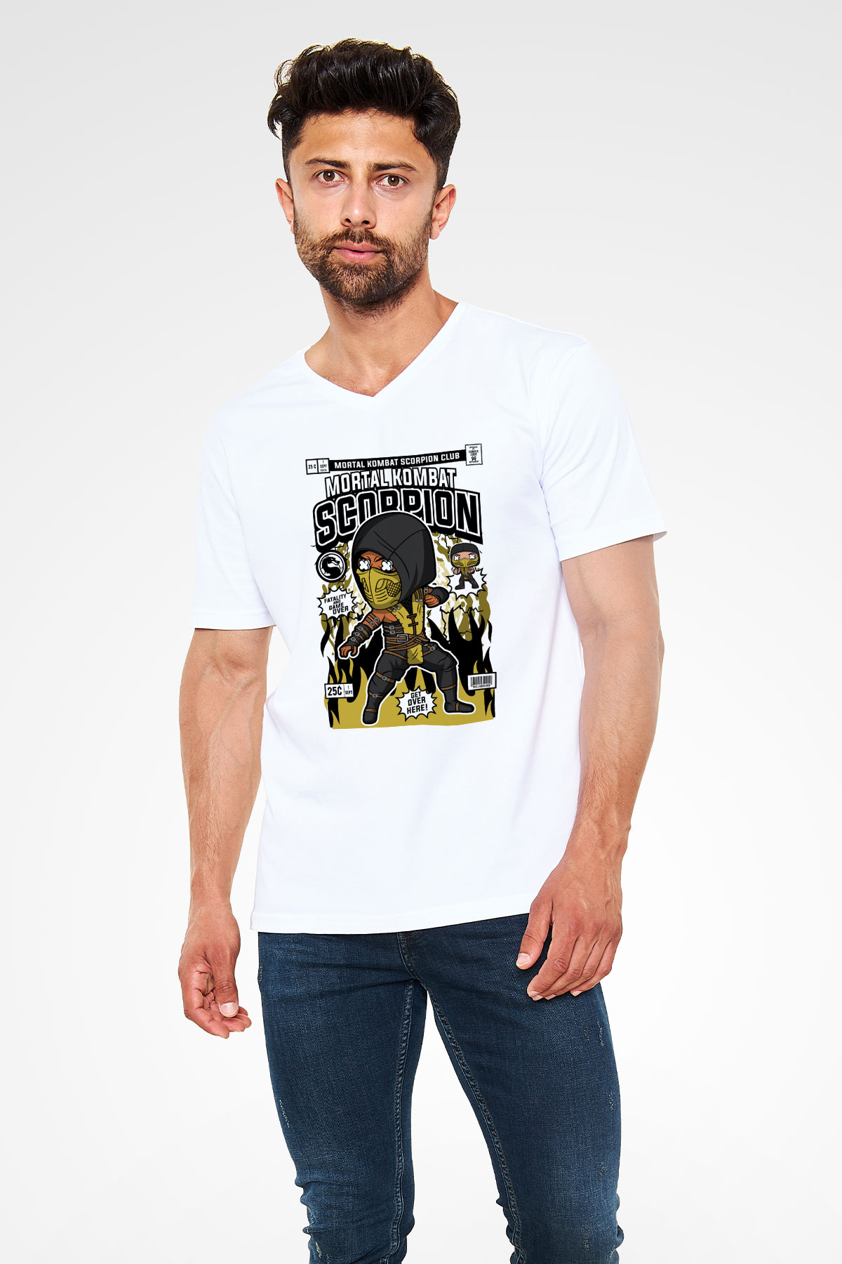 Mortal Kombat Scorpion Baskılı Unisex Beyaz V Yaka Tişört