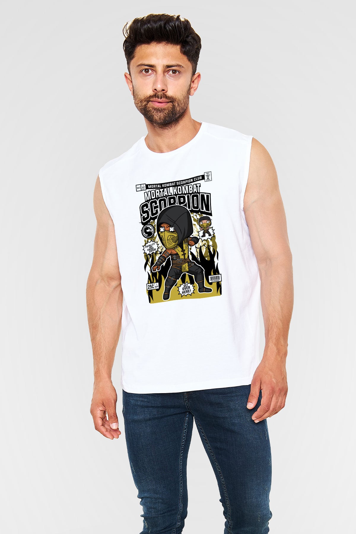 Mortal Kombat Scorpion Baskılı Unisex Beyaz Kolsuz Tişört