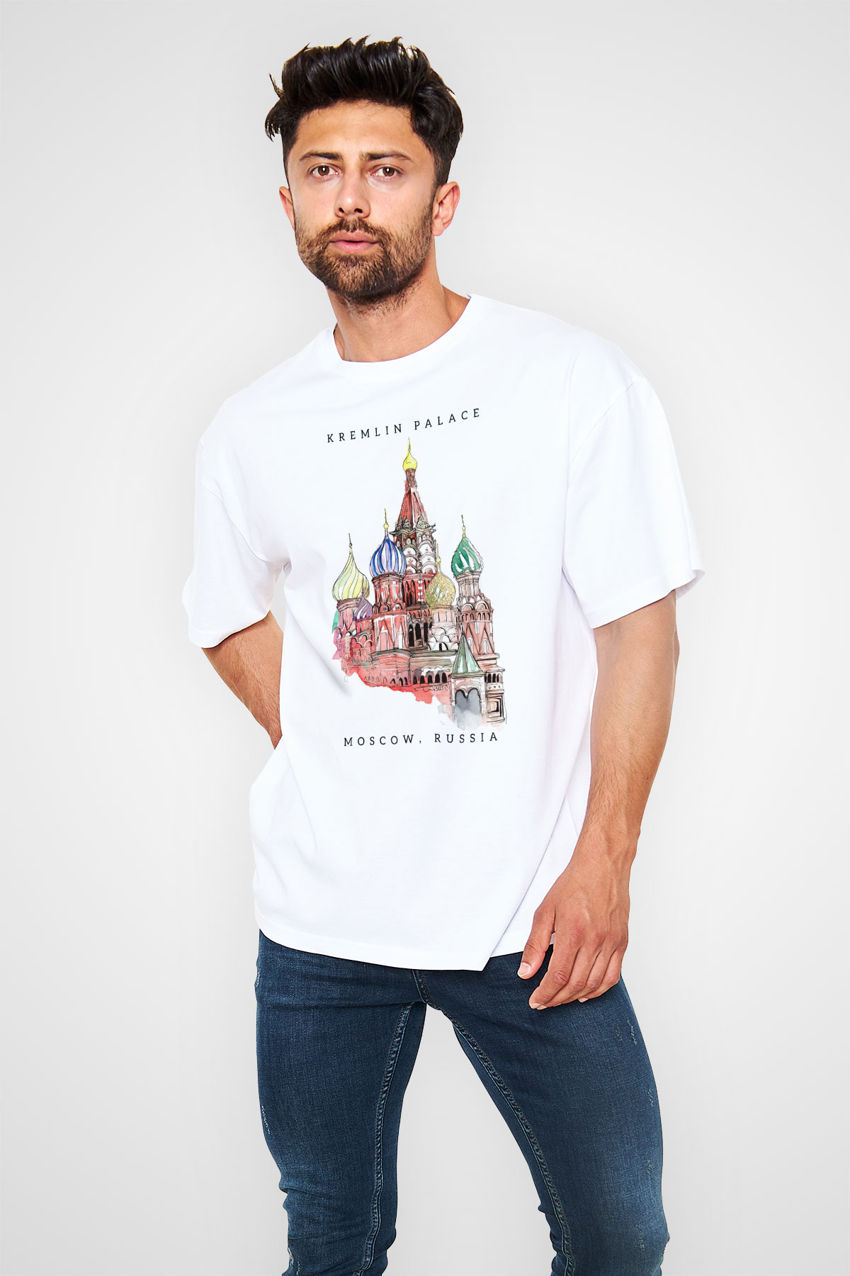 Moskova Kremlini Beyaz Oversize Tişört Oversize T-shirt - TişörtFabrikası
