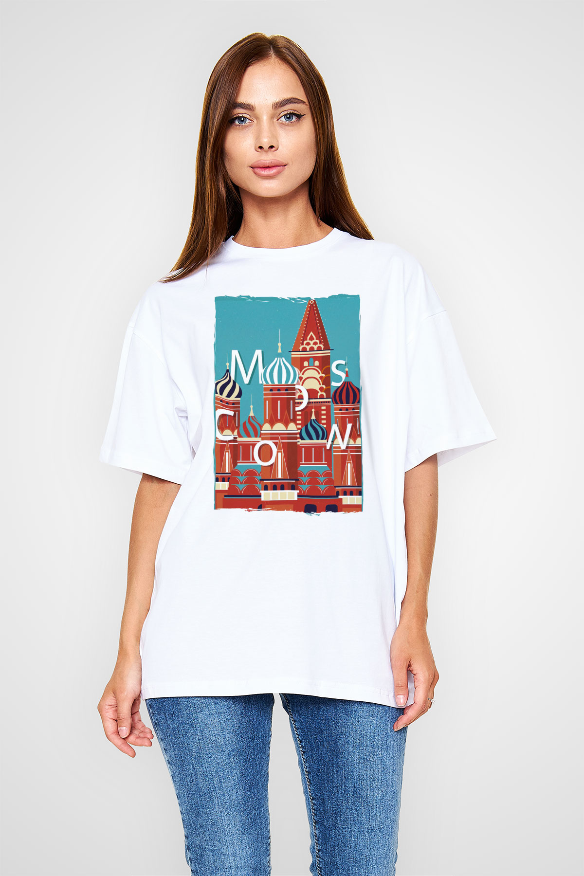 Moskova Kremlini Beyaz Oversize Tişört Oversize T-shirt - TişörtFabrikası