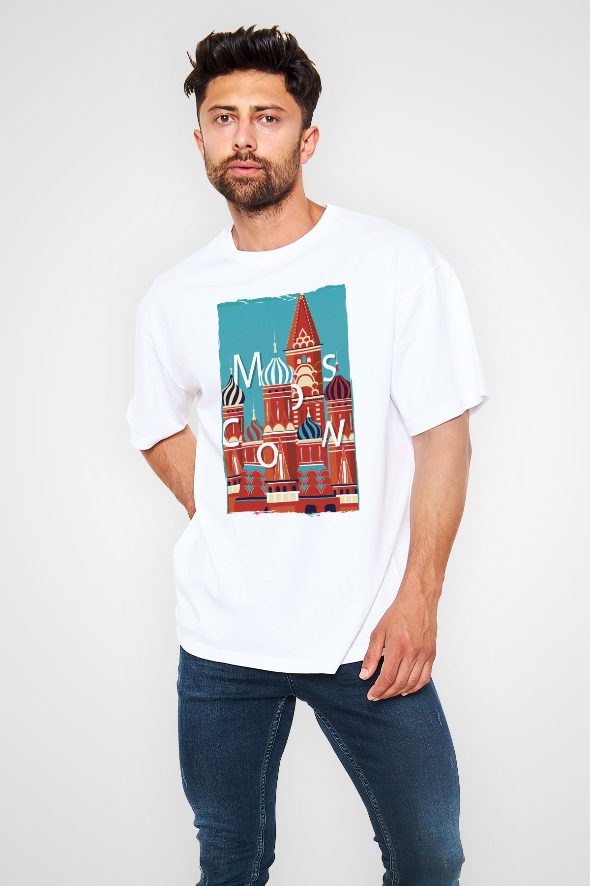 Moskova Kremlini Beyaz Oversize Tişört Oversize T-shirt - TişörtFabrikası