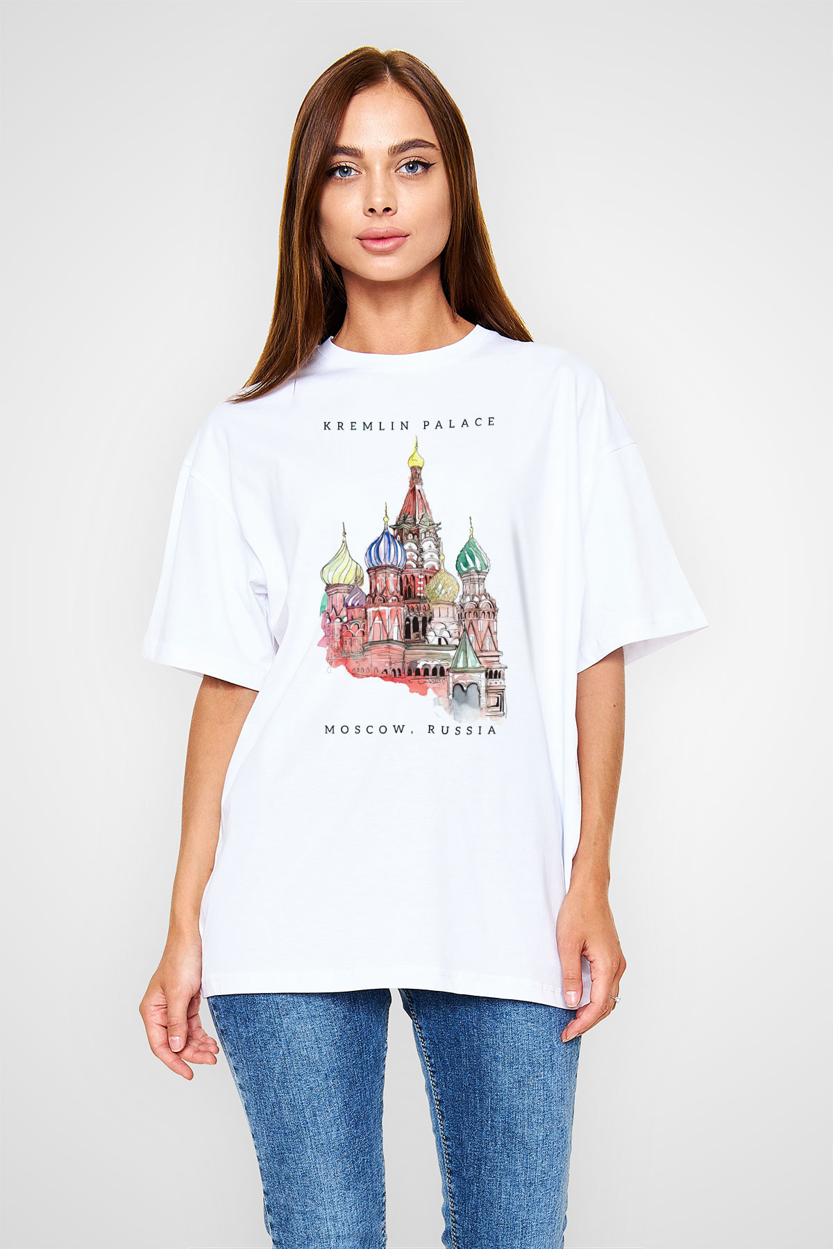 Moskova Kremlini Beyaz Oversize Tişört Oversize T-shirt - TişörtFabrikası
