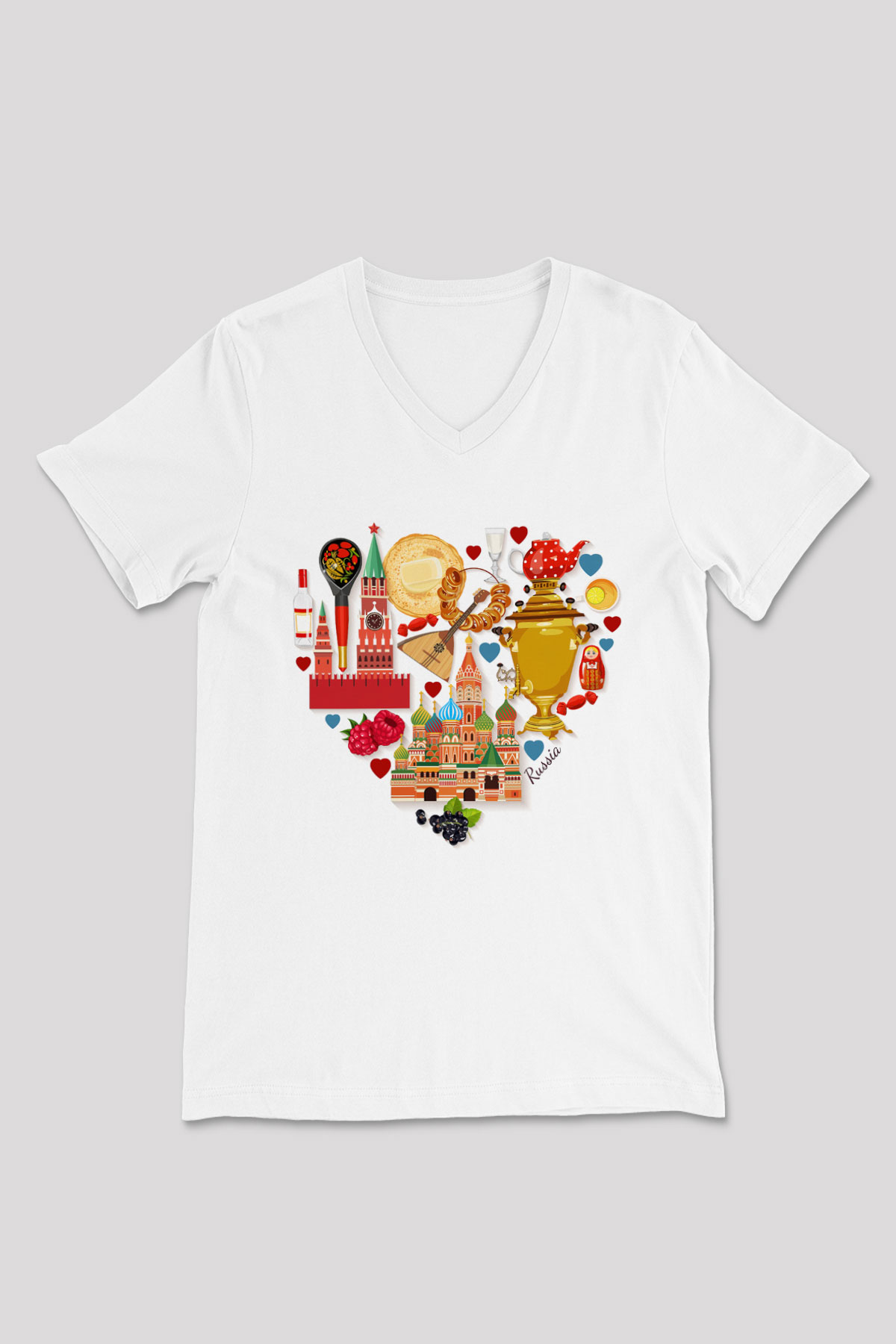Moskova Kremlini Beyaz Unisex V Yaka Tişört T-Shirt