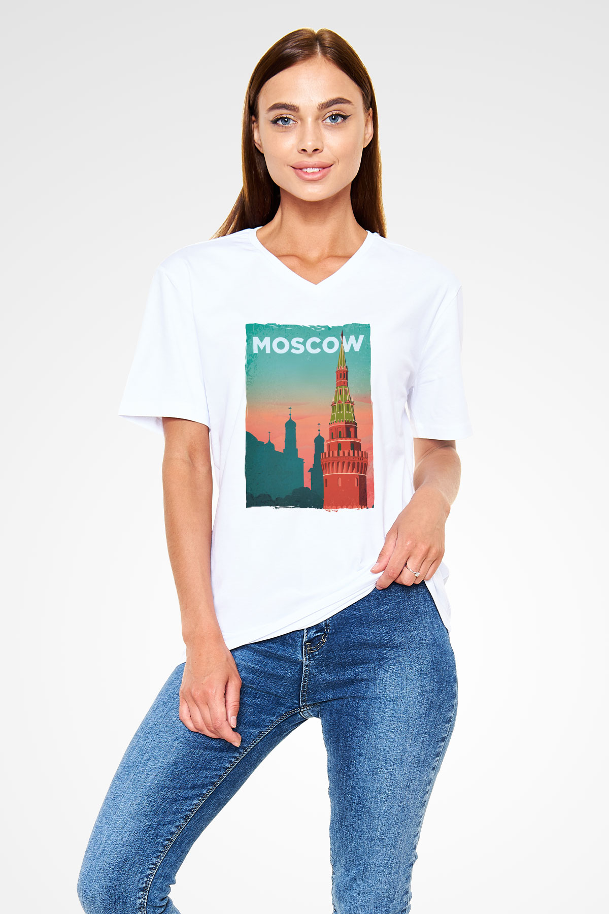 Moskova Kremlini Beyaz Unisex V Yaka Tişört