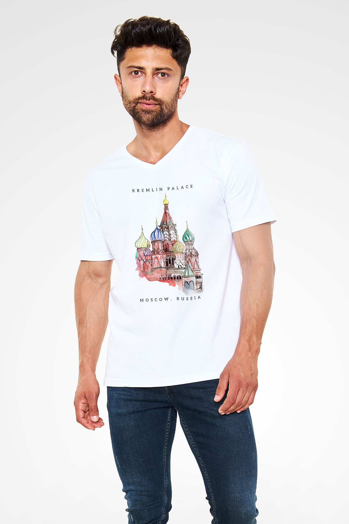 Moskova Kremlini Beyaz Unisex V Yaka Tişört