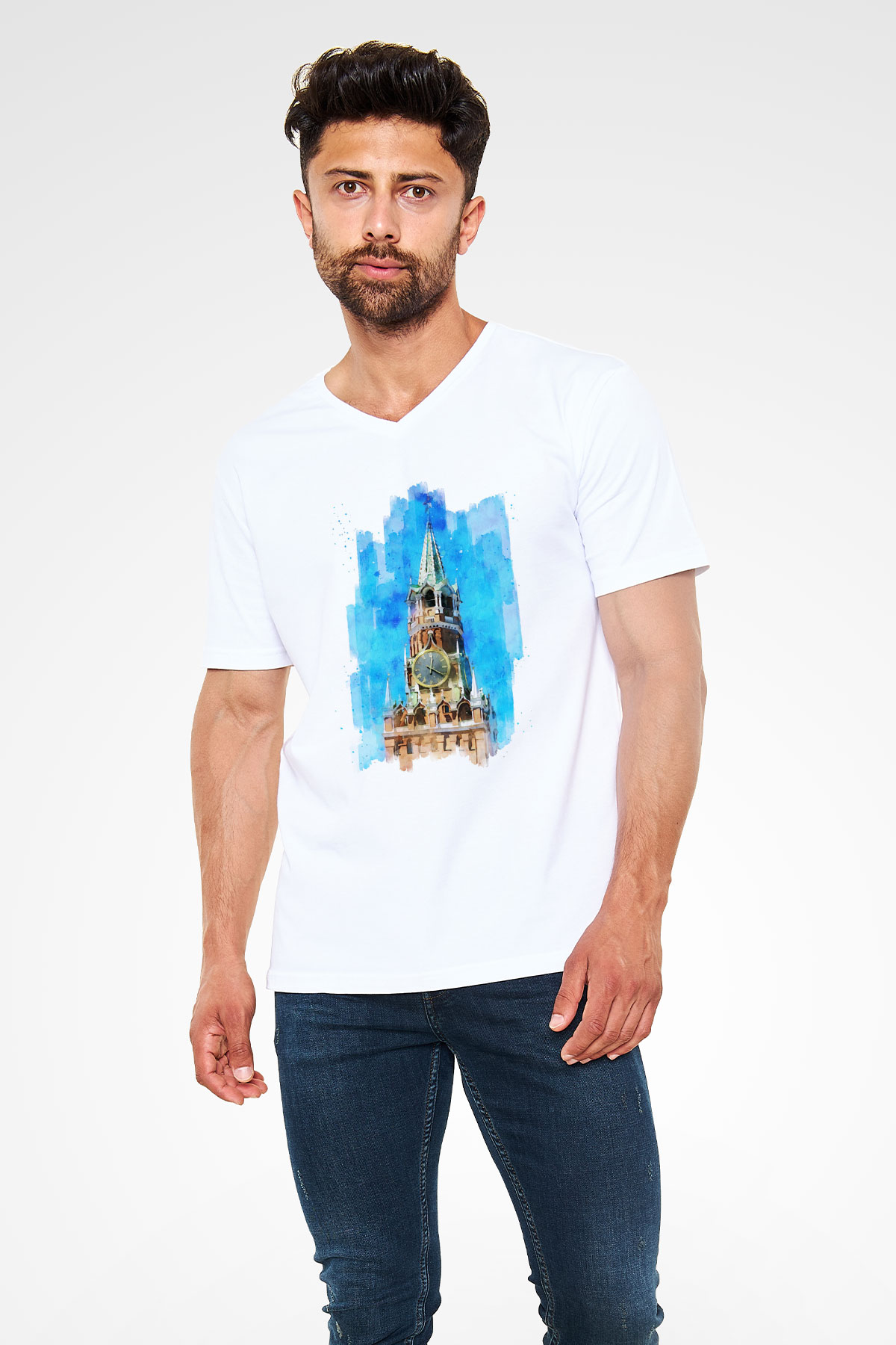Moskova Kremlini Beyaz Unisex V Yaka Tişört