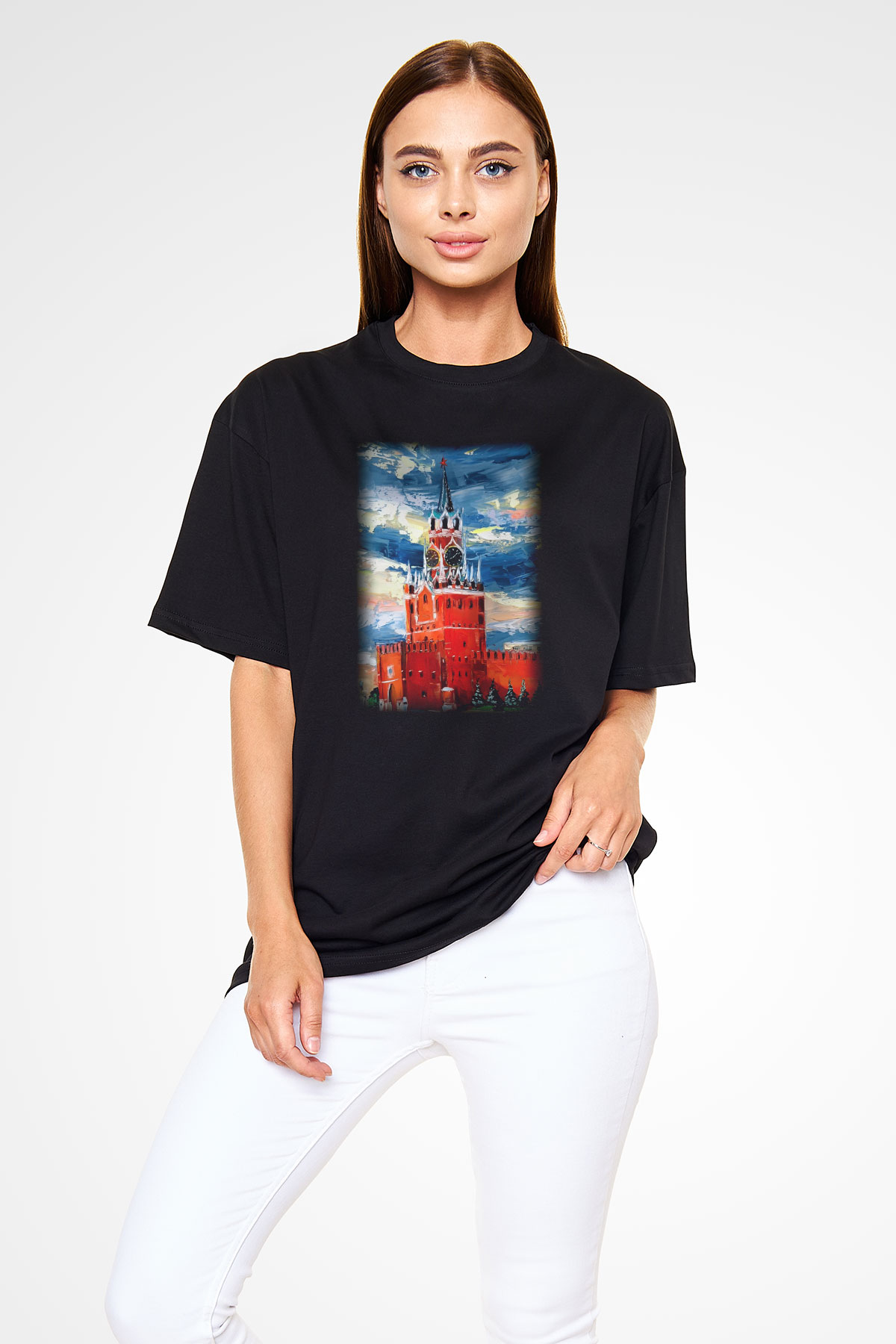 Moskova Kremlini Siyah Unisex Oversize Tişört T-Shirt