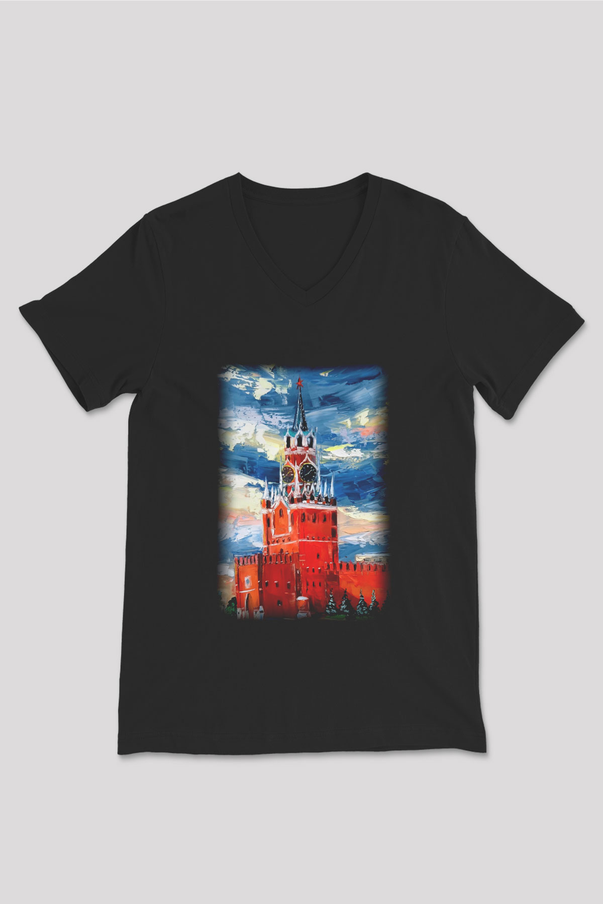 Moskova Kremlini Siyah Unisex V Yaka Tişört T-Shirt