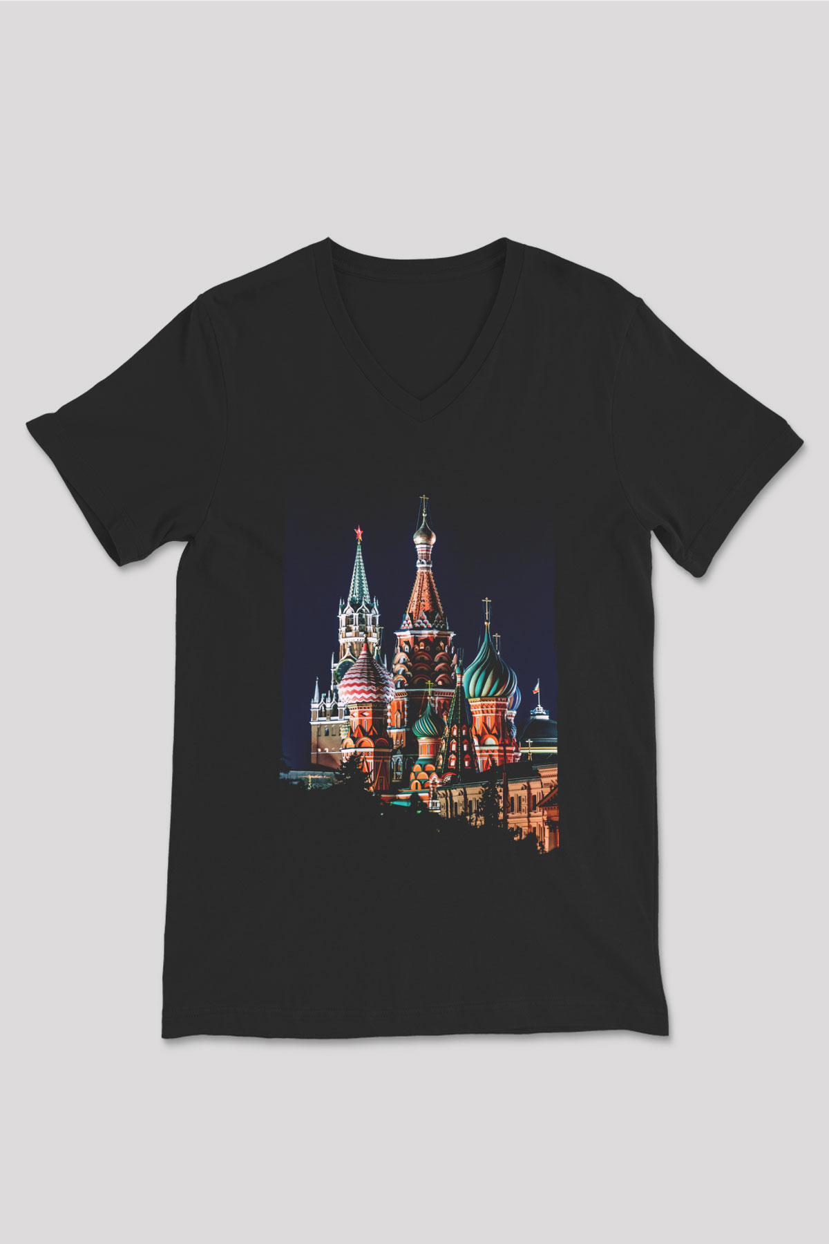 Moskova Kremlini Siyah Unisex V Yaka Tişört