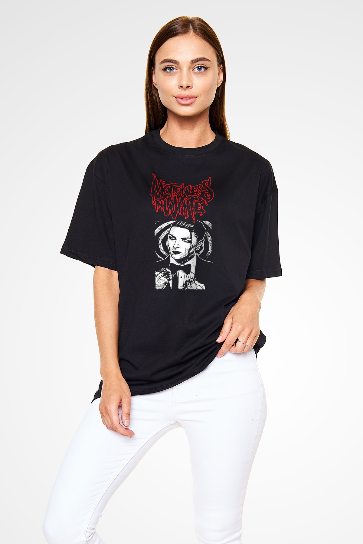 Motionless in White Baskılı Unisex Siyah Oversize Tişört - Tshirt