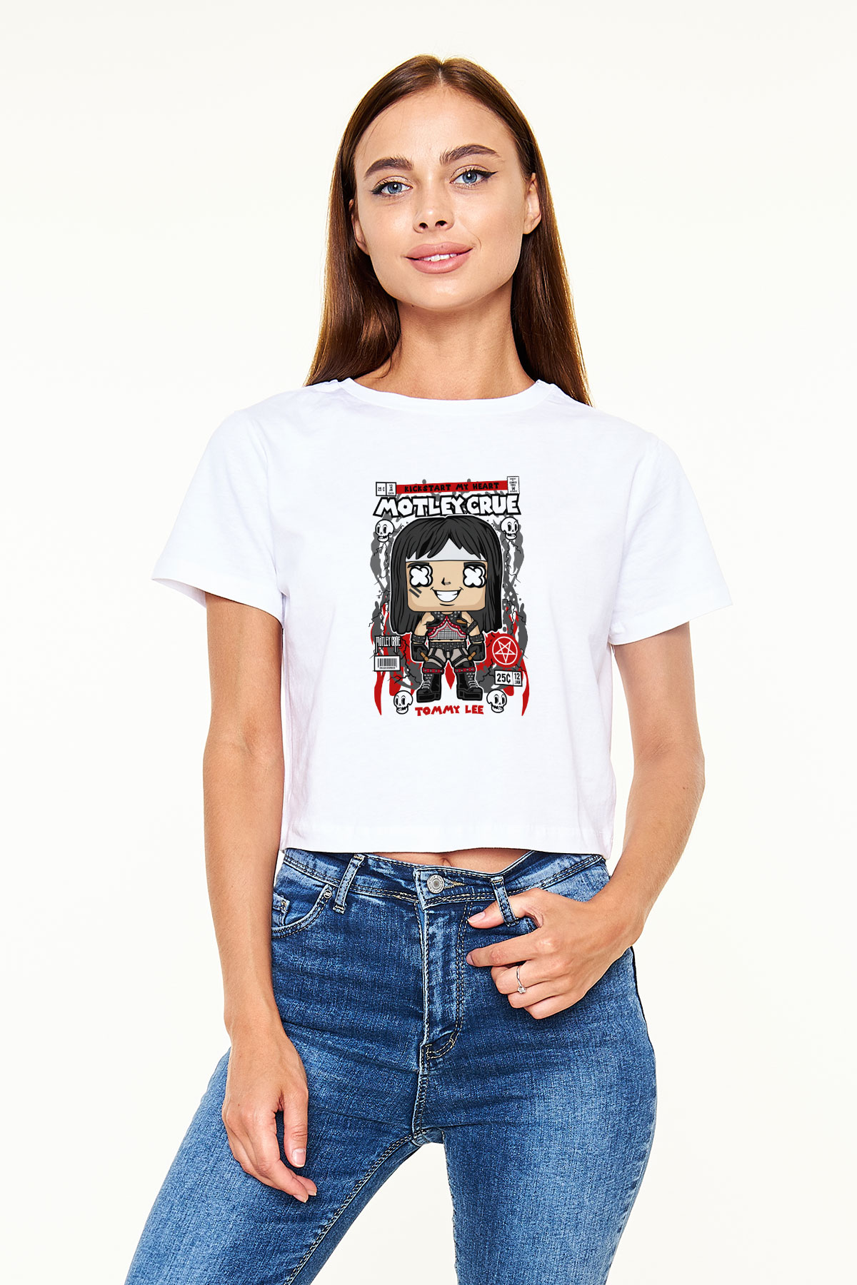 Motley Crue - Tommy Lee Baskılı Beyaz Kadın Crop Top Tişört