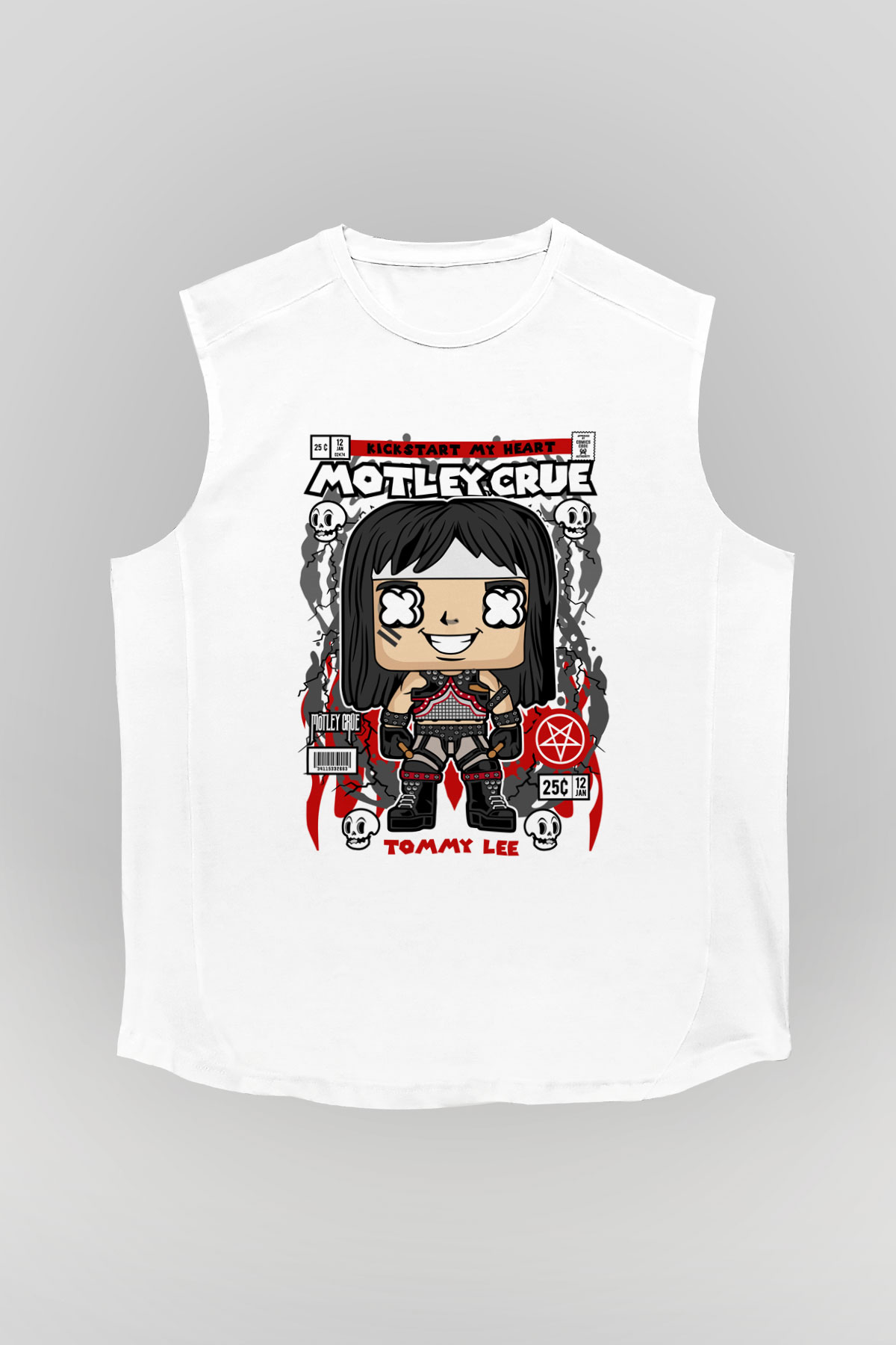 Motley Crue - Tommy Lee Baskılı Unisex Beyaz Kolsuz Tişört