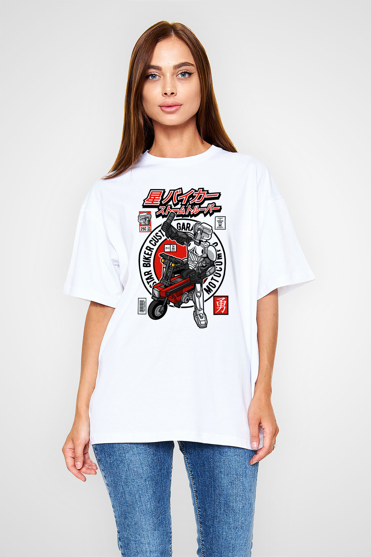 Motocompo Baskılı Unisex Beyaz Oversize Tişört
