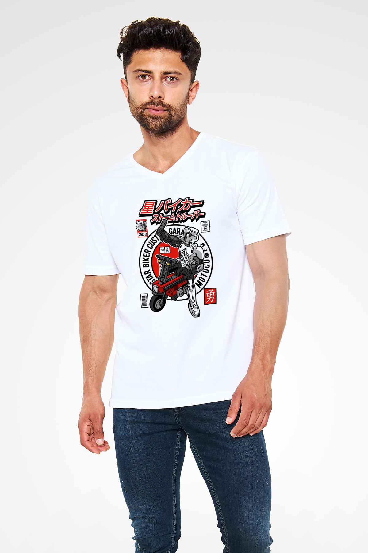 Motocompo Baskılı Unisex Beyaz V Yaka Tişört