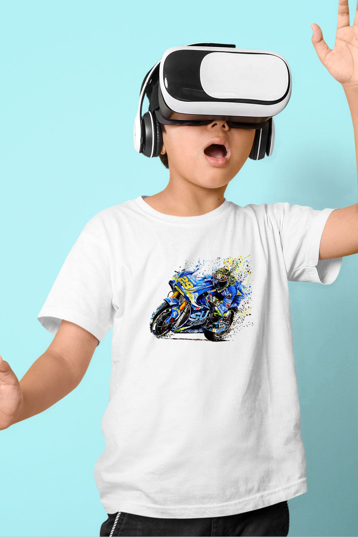 Motor Sporları Baskılı Unisex Beyaz Çocuk Tişört - Tshirt