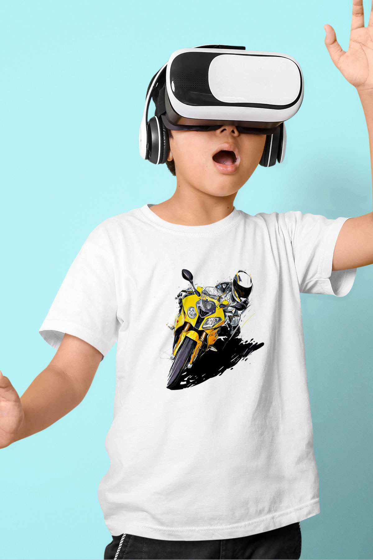 Motor Sporları Baskılı Unisex Beyaz Çocuk Tişört - Tshirt