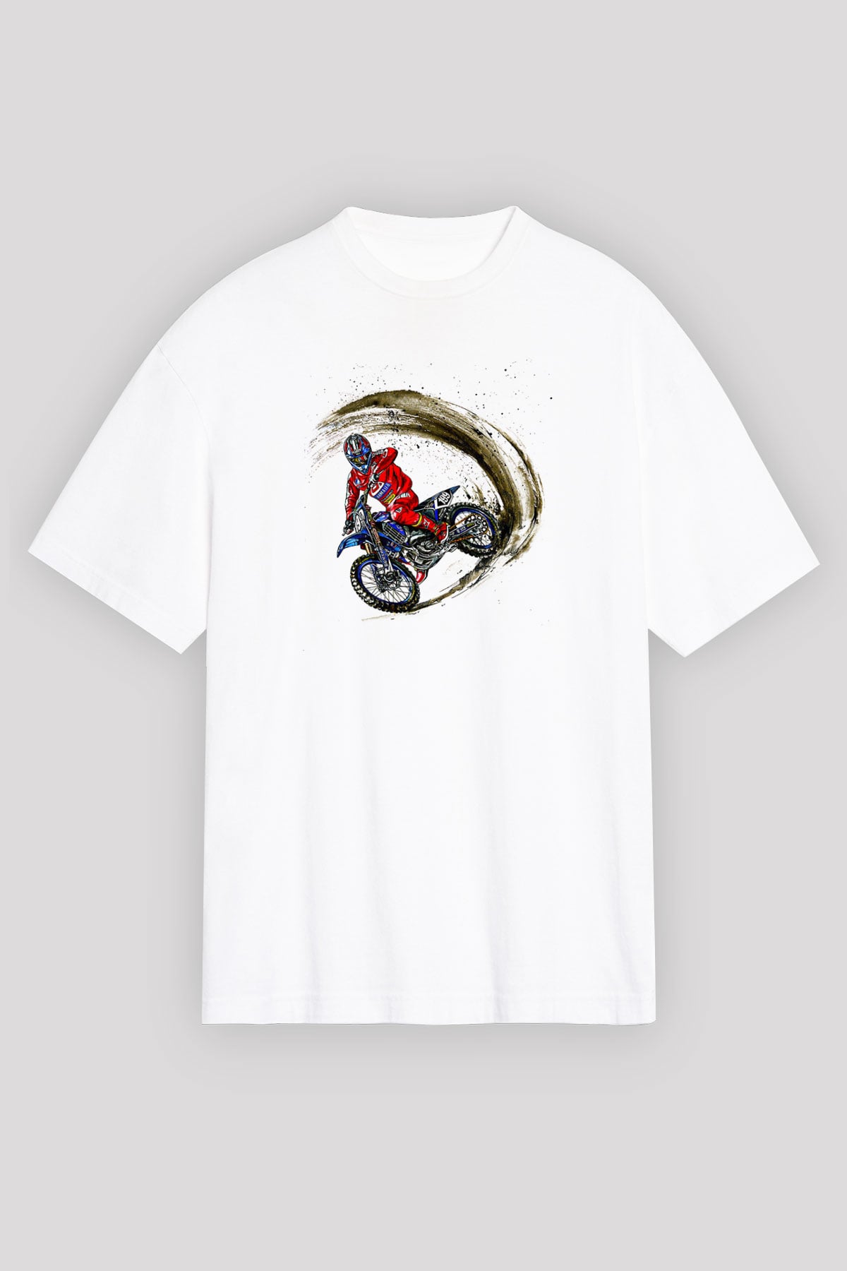 Motor Sporları Baskılı Unisex Beyaz Oversize Tişört - Tshirt