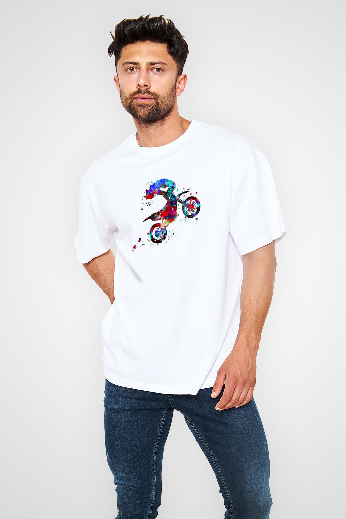 Motor Sporları Baskılı Unisex Beyaz Oversize Tişört - Tshirt