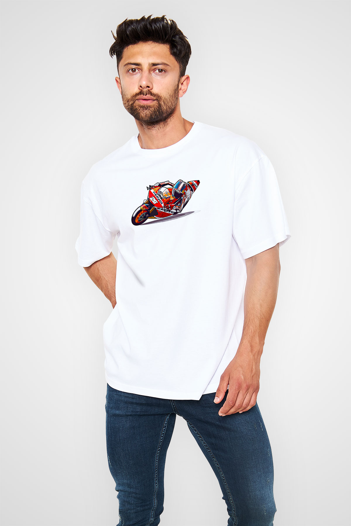 Motor Sporları Baskılı Unisex Beyaz Oversize Tişört - Tshirt