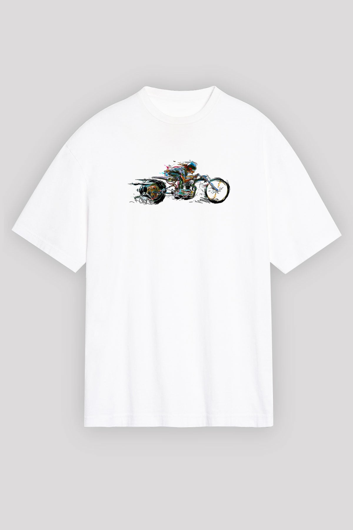 Motor Sporları Baskılı Unisex Beyaz Oversize Tişört - Tshirt