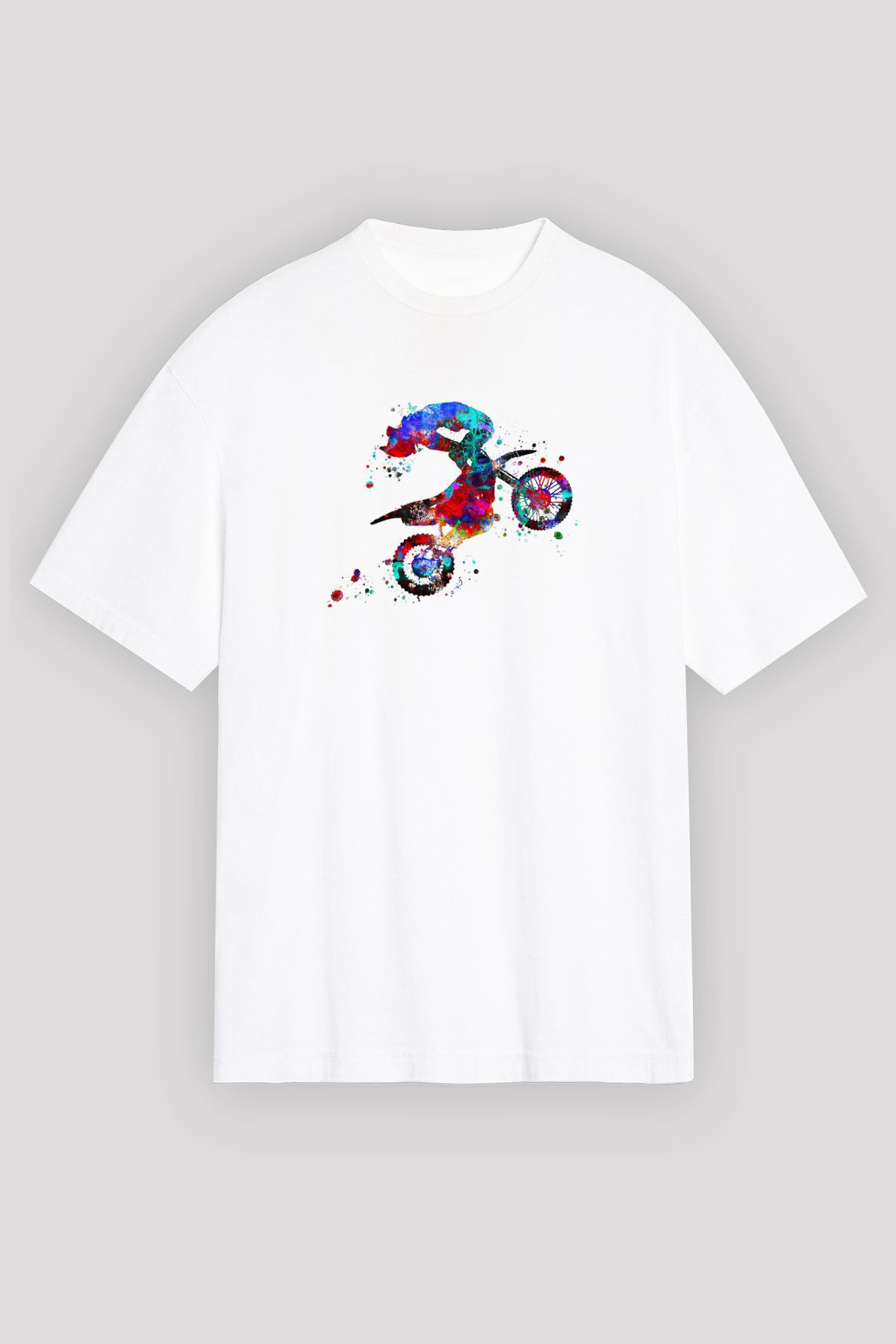 Motor Sporları Baskılı Unisex Beyaz Oversize Tişört - Tshirt