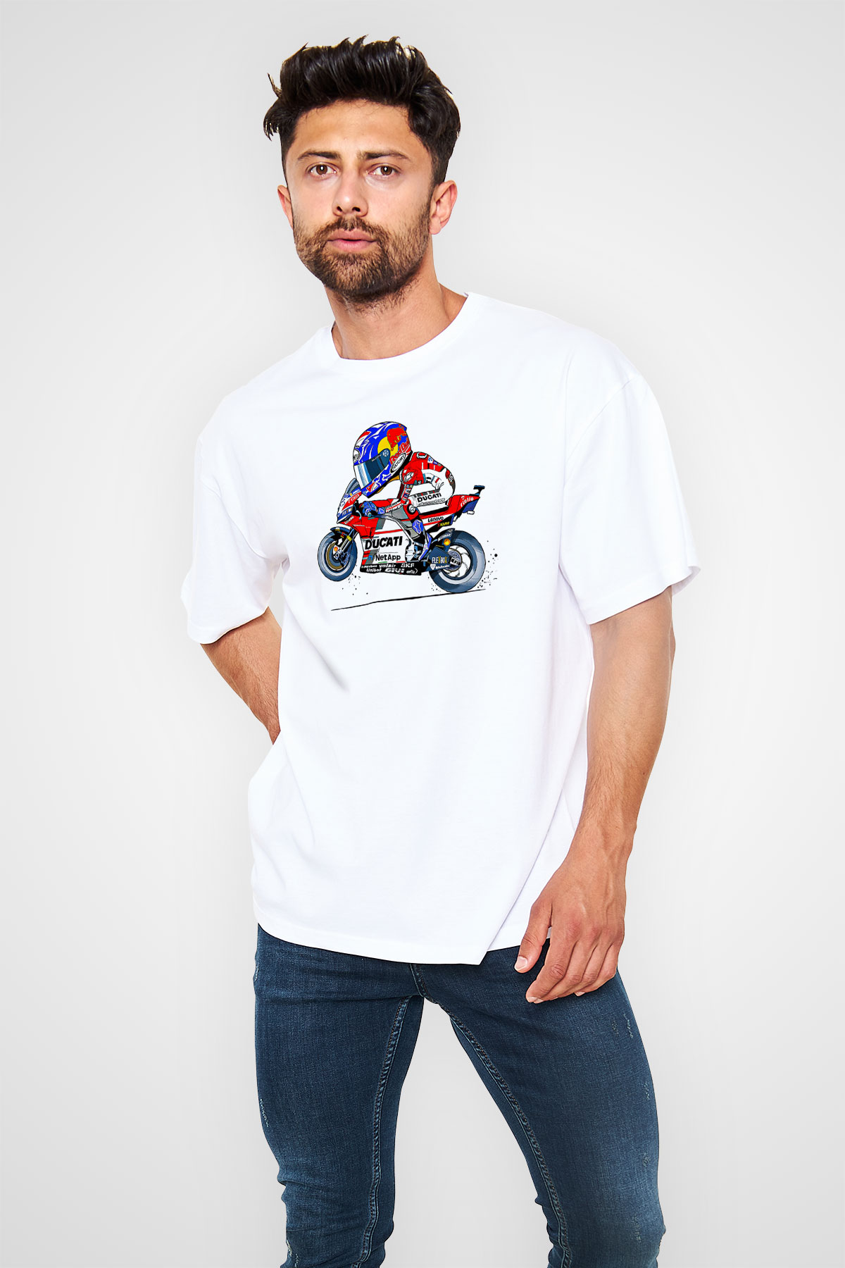 Motor Sporları Baskılı Unisex Beyaz Oversize Tişört - Tshirt