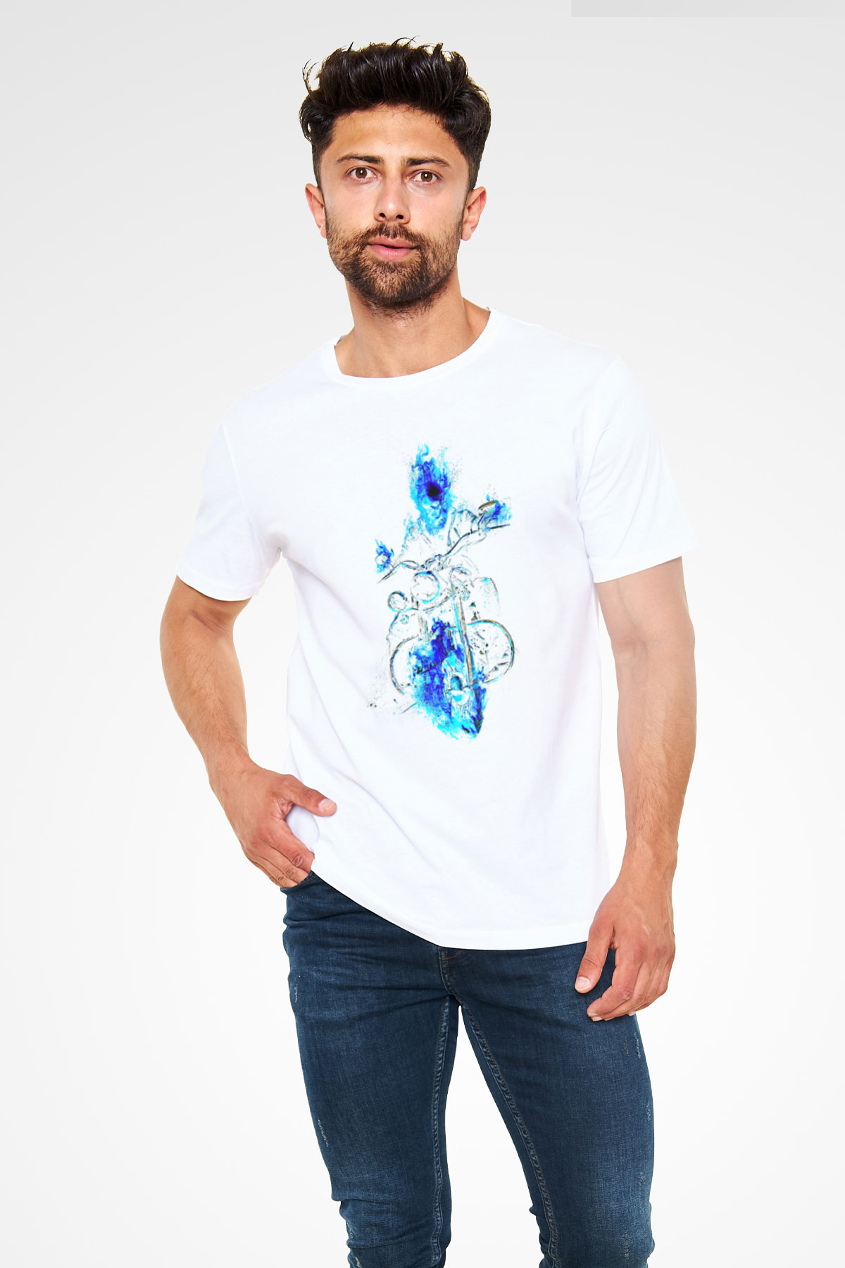 Motor Sporları Baskılı Unisex Beyaz Tişört - Tshirt