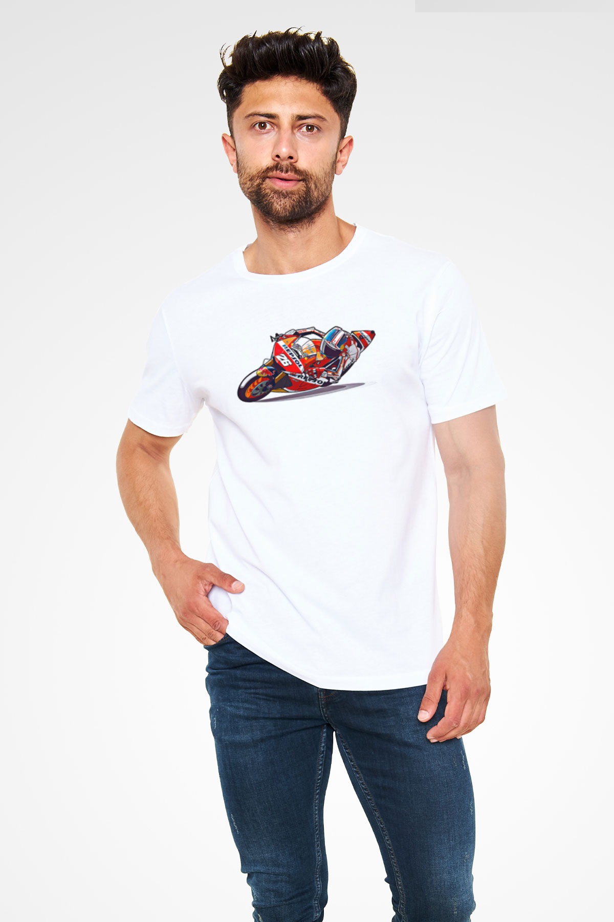 Motor Sporları Baskılı Unisex Beyaz Tişört - Tshirt